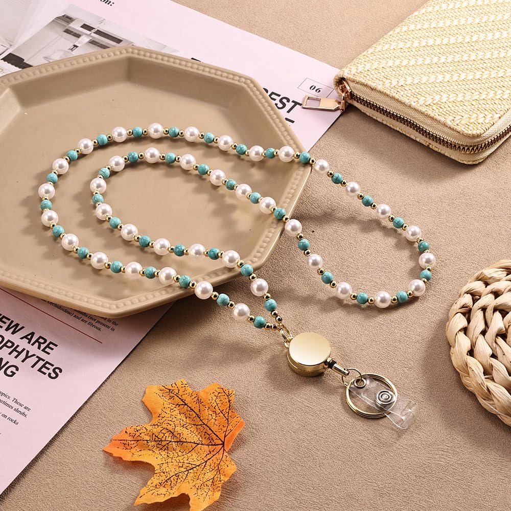 Retractable Pearl ID Badges and Key Lanyards, Natural Crystal Handmade Beaded Teacher Women's Lanyards