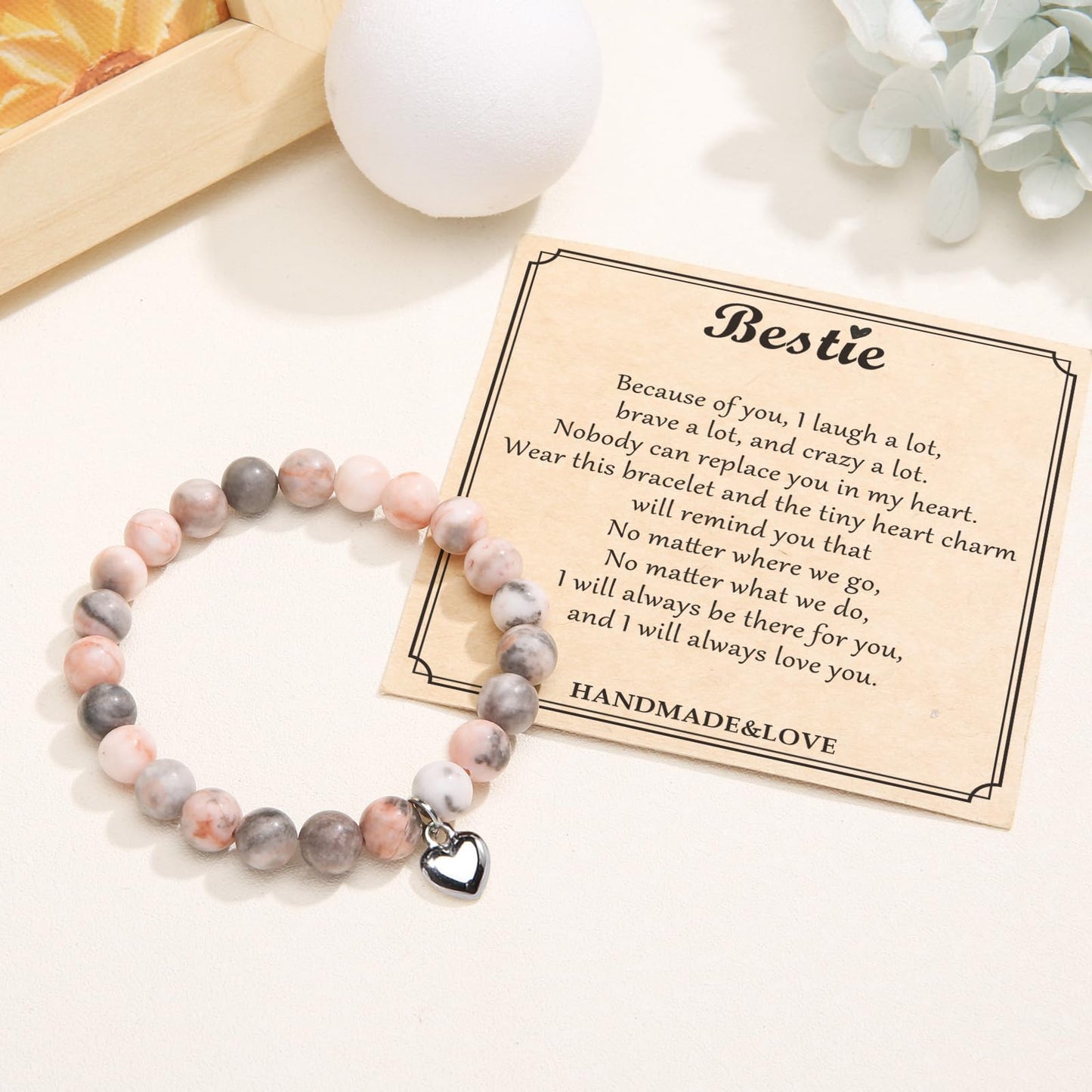 Jewelry&Card Christmas Gifts for Sister Best Friend, Natural Stone Heart Friendship Bracelets for Sister Best Friend Bestie Women