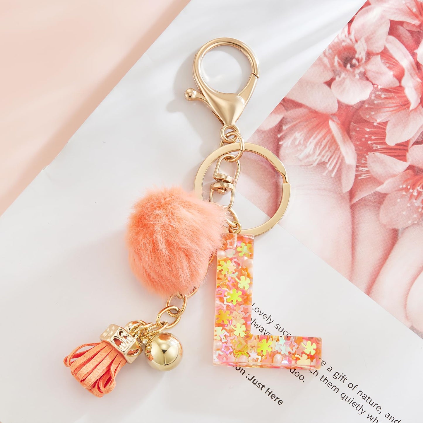 Resin Alphabet Initial Letter Keychain Keyring for Women Purse Handbags With Fur Ball Pom