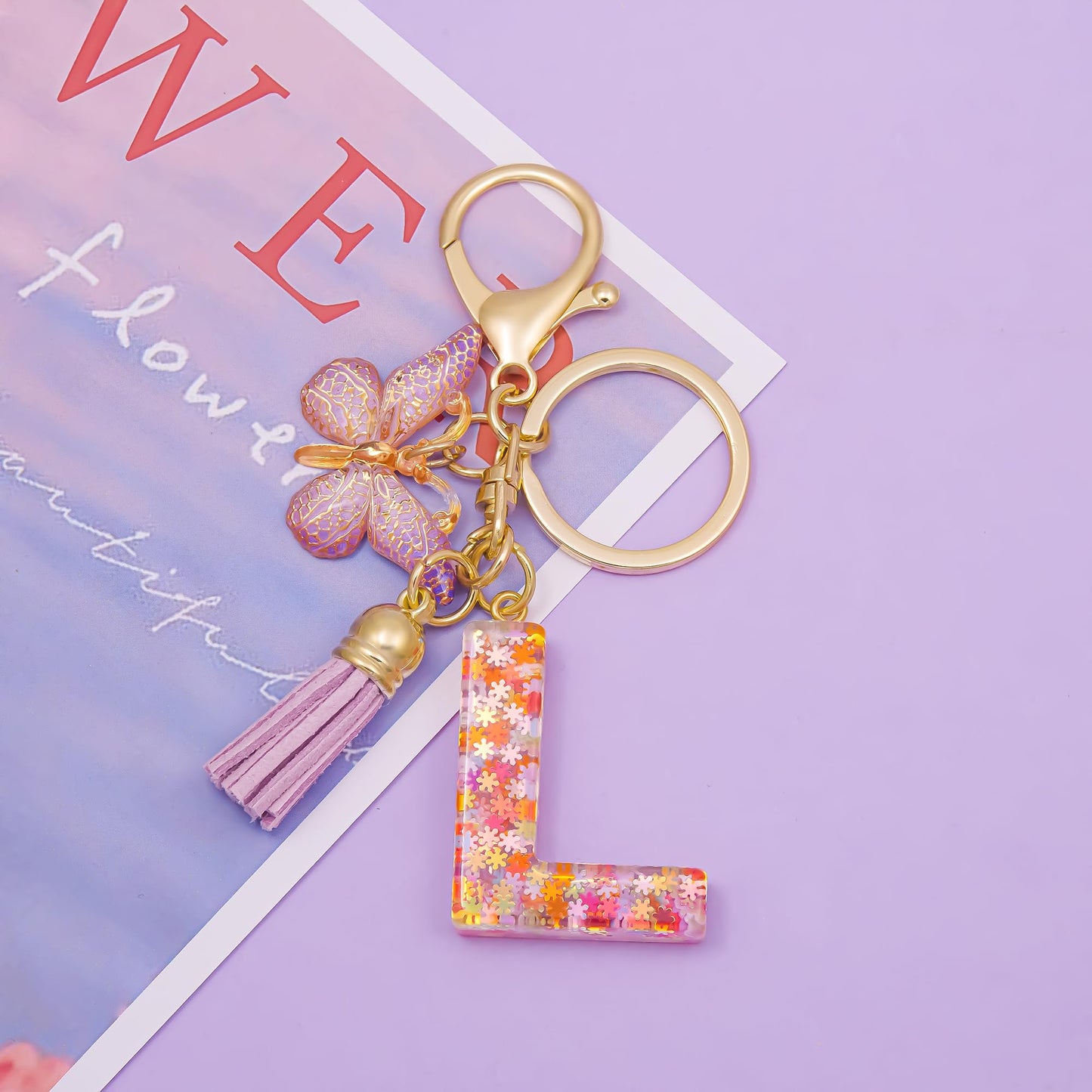 Fashion Alphabet Initial Letter Keychain Tassel Butterfly Pendant Key Ring for Purse Handbags Women Girl
