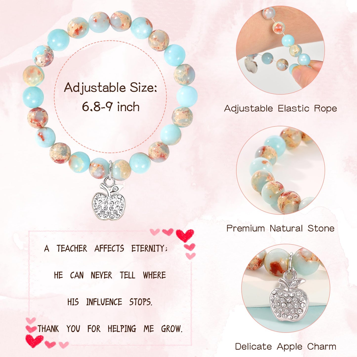 6Pcs Teacher Gifts for Women, Teacher Appreciation Gifts for Women in Bulk, Natural Stone Thank You Teacher Christmas Gifts Bracelet with Message Card, Valentines Day End of Year Gifts for Teachers