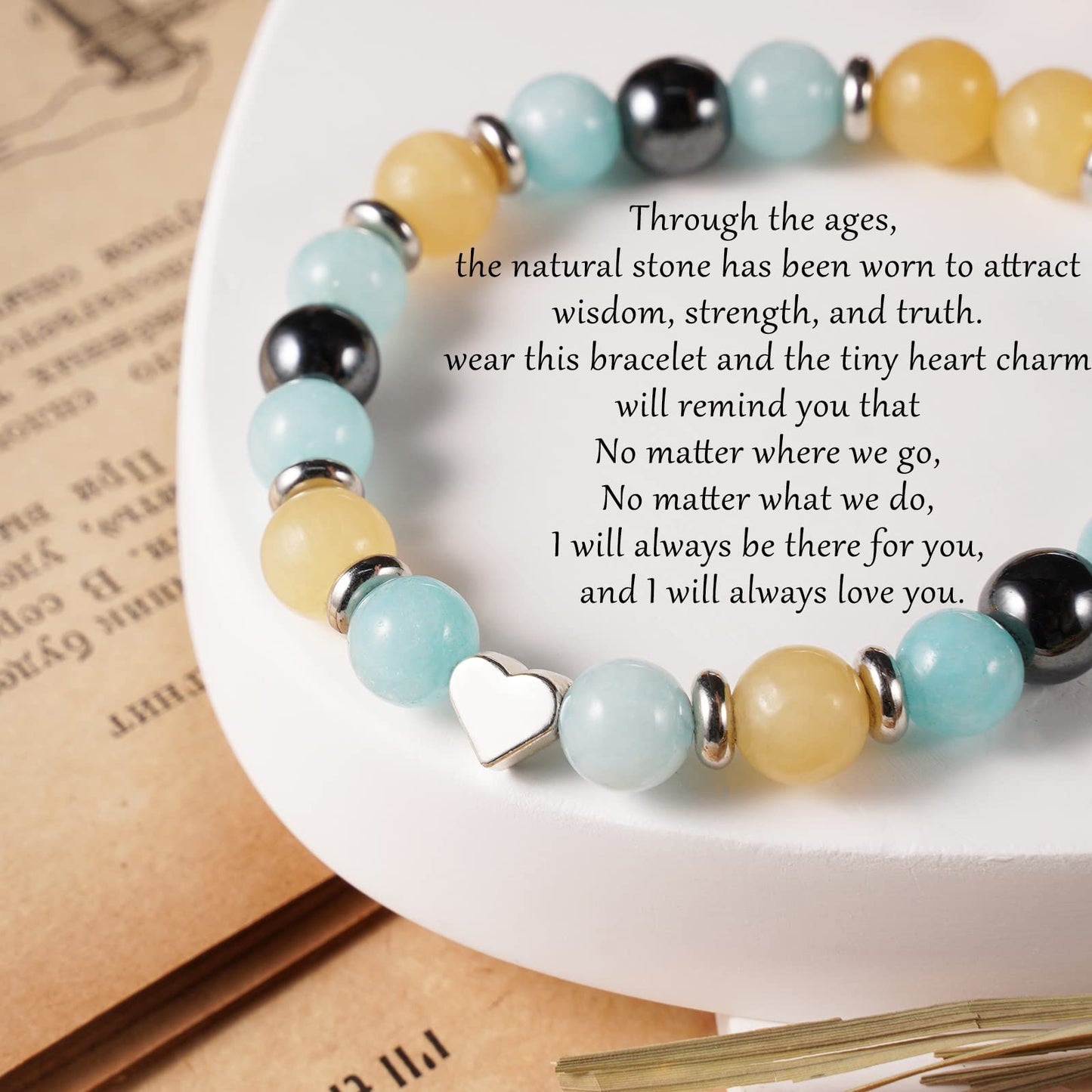 Jewelry&Card Christmas Gifts for Sister Best Friend, Natural Stone Heart Friendship Bracelets for Sister Best Friend Bestie Women