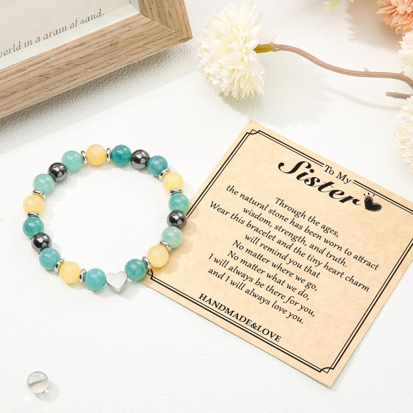 Jewelry&Card Christmas Gifts for Sister Best Friend, Natural Stone Heart Friendship Bracelets for Sister Best Friend Bestie Women