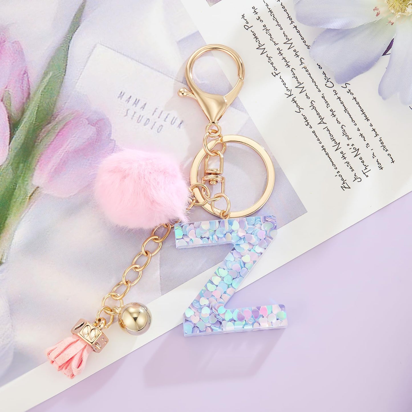 Resin Alphabet Initial Letter Keychain Keyring for Women Purse Handbags With Fur Ball Pom