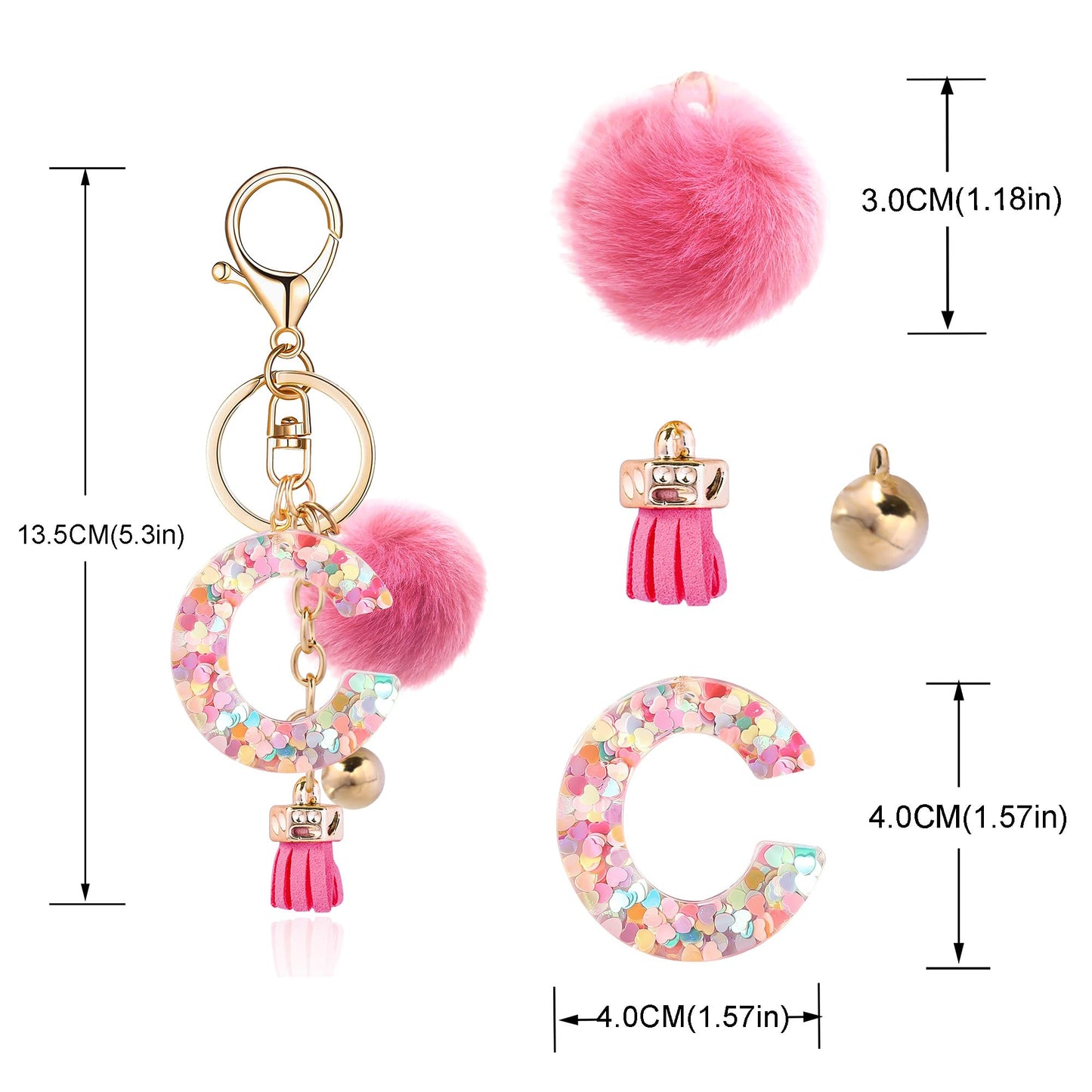 Resin Alphabet Initial Letter Keychain Keyring for Women Purse Handbags With Fur Ball Pom