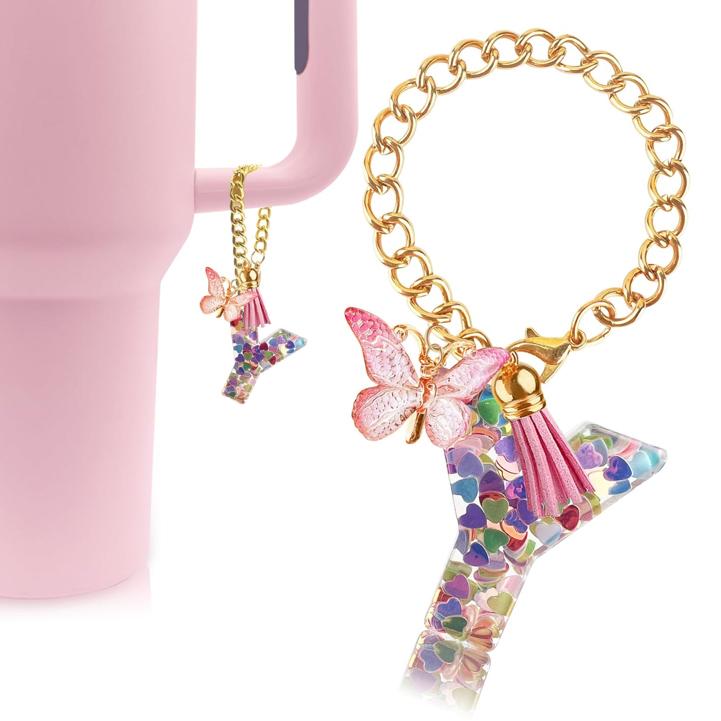 Letter Charm Accessories for Stanley Cup with Handle, Cute Initial Letter A Keychain Handle Charm with Butterfly for Stanley Tumbler for Women Girls
