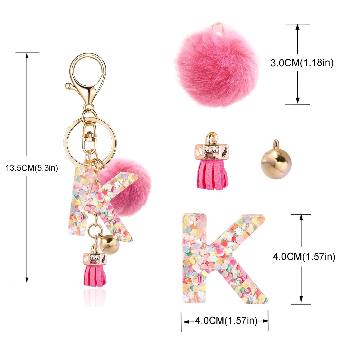 Resin Alphabet Initial Letter Keychain Keyring for Women Purse Handbags With Fur Ball Pom