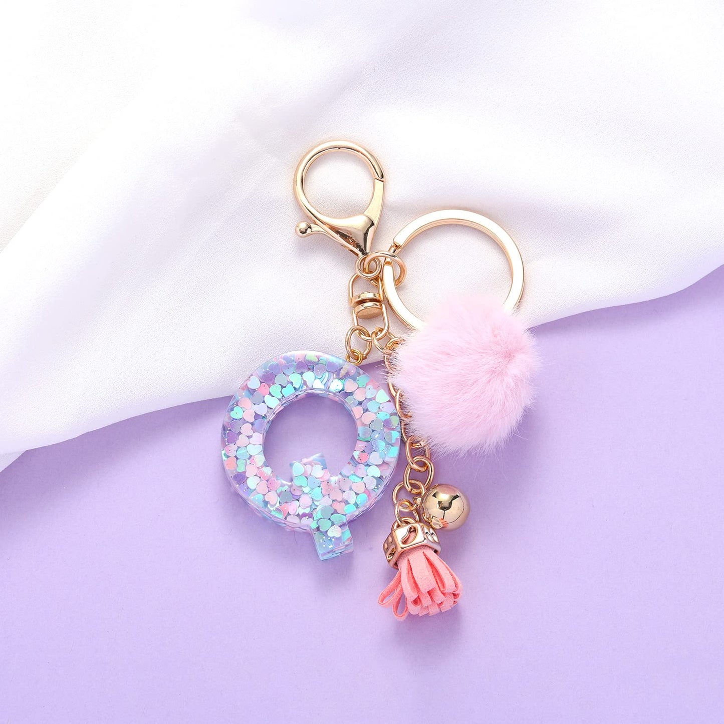 Resin Alphabet Initial Letter Keychain Keyring for Women Purse Handbags With Fur Ball Pom