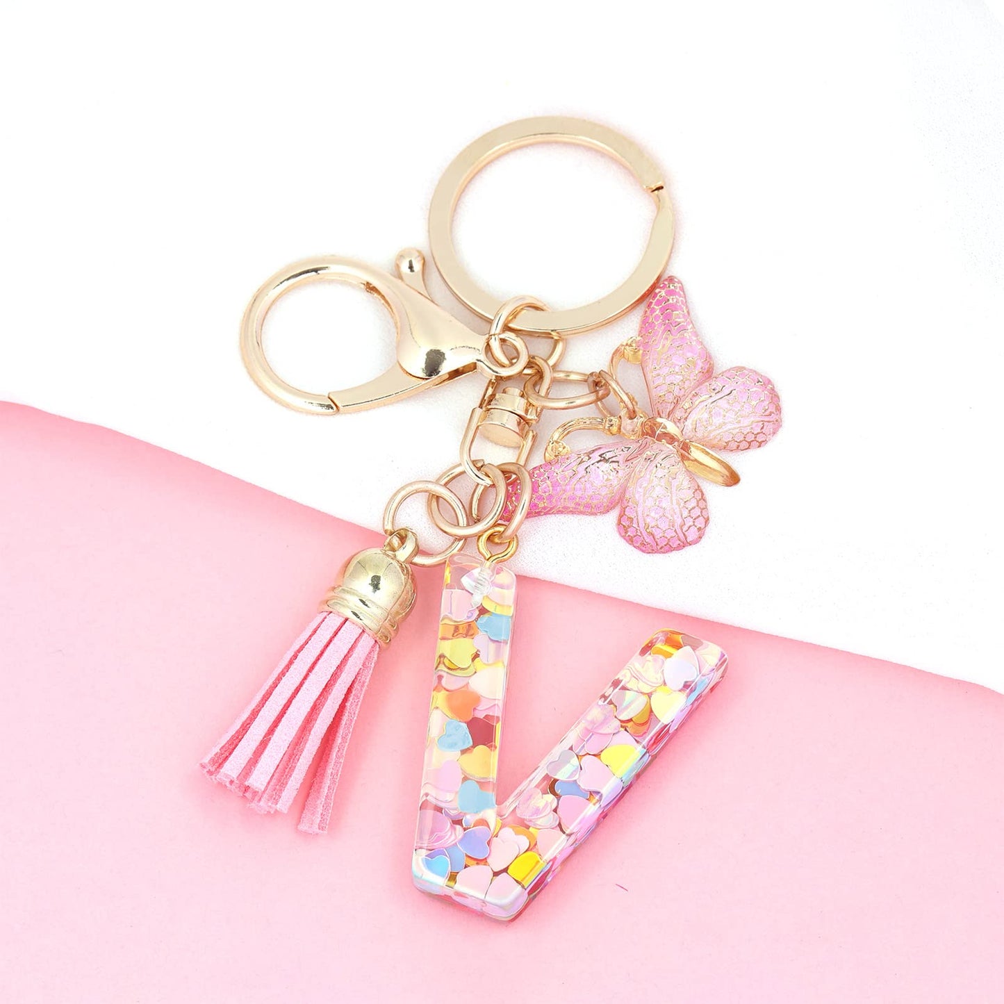 Fashion Alphabet Initial Letter Keychain Tassel Butterfly Pendant Key Ring for Purse Handbags Women Girl