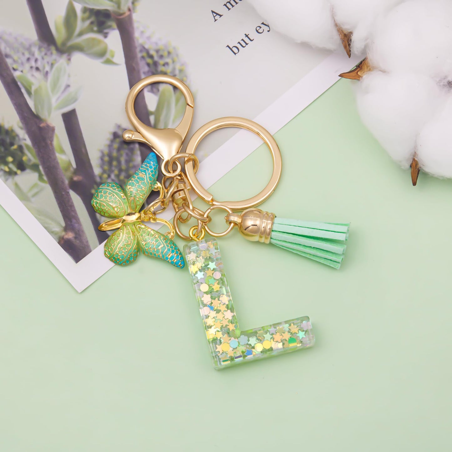 Fashion Alphabet Initial Letter Keychain Tassel Butterfly Pendant Key Ring for Purse Handbags Women Girl