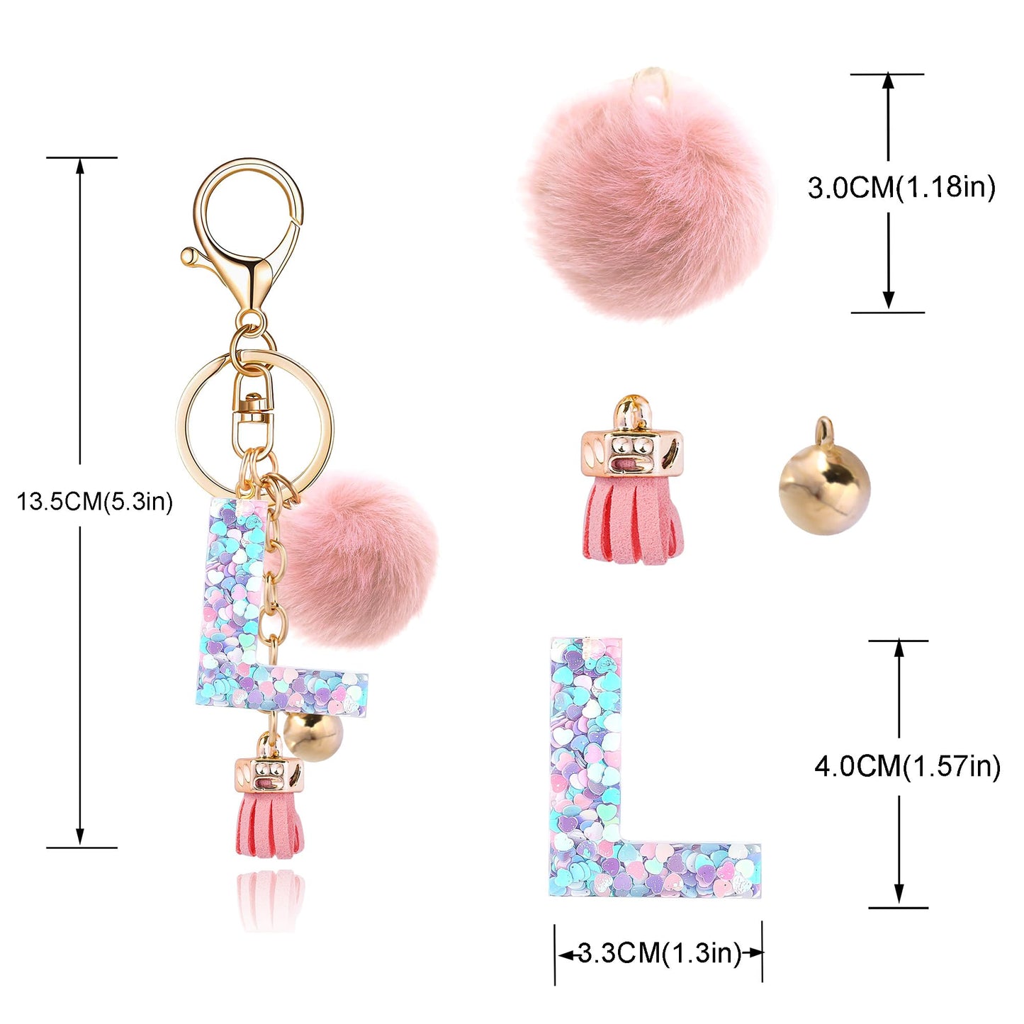 Resin Alphabet Initial Letter Keychain Keyring for Women Purse Handbags With Fur Ball Pom
