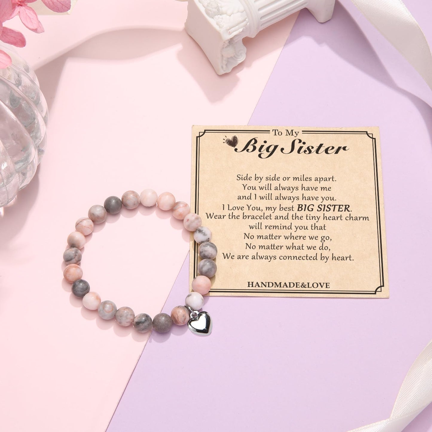 Jewelry&Card Christmas Gifts for Sister Best Friend, Natural Stone Heart Friendship Bracelets for Sister Best Friend Bestie Women