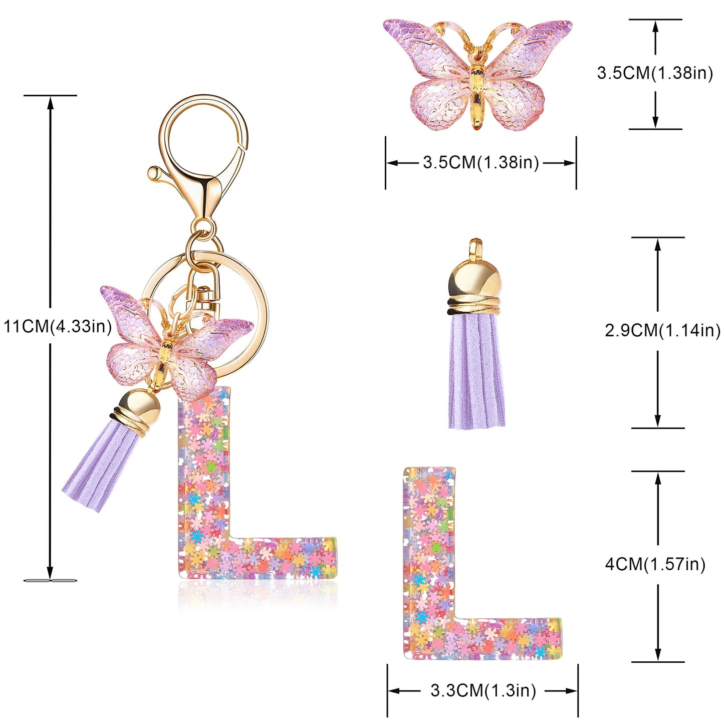 Fashion Alphabet Initial Letter Keychain Tassel Butterfly Pendant Key Ring for Purse Handbags Women Girl