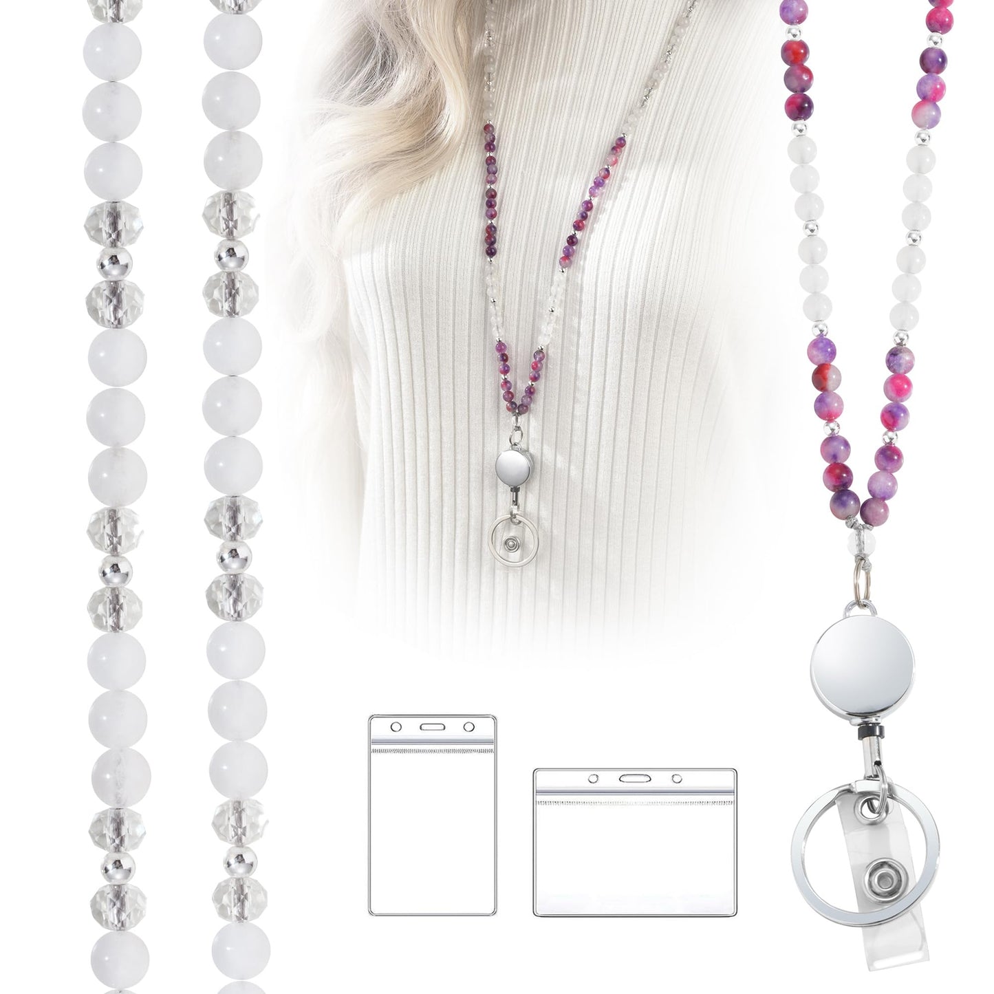 Retractable Lanyards for ID Badges and Keys, Beaded Lanyards for Women Natural Stone, Teacher Lanyard High-Performance Cute Lanyard Morganite