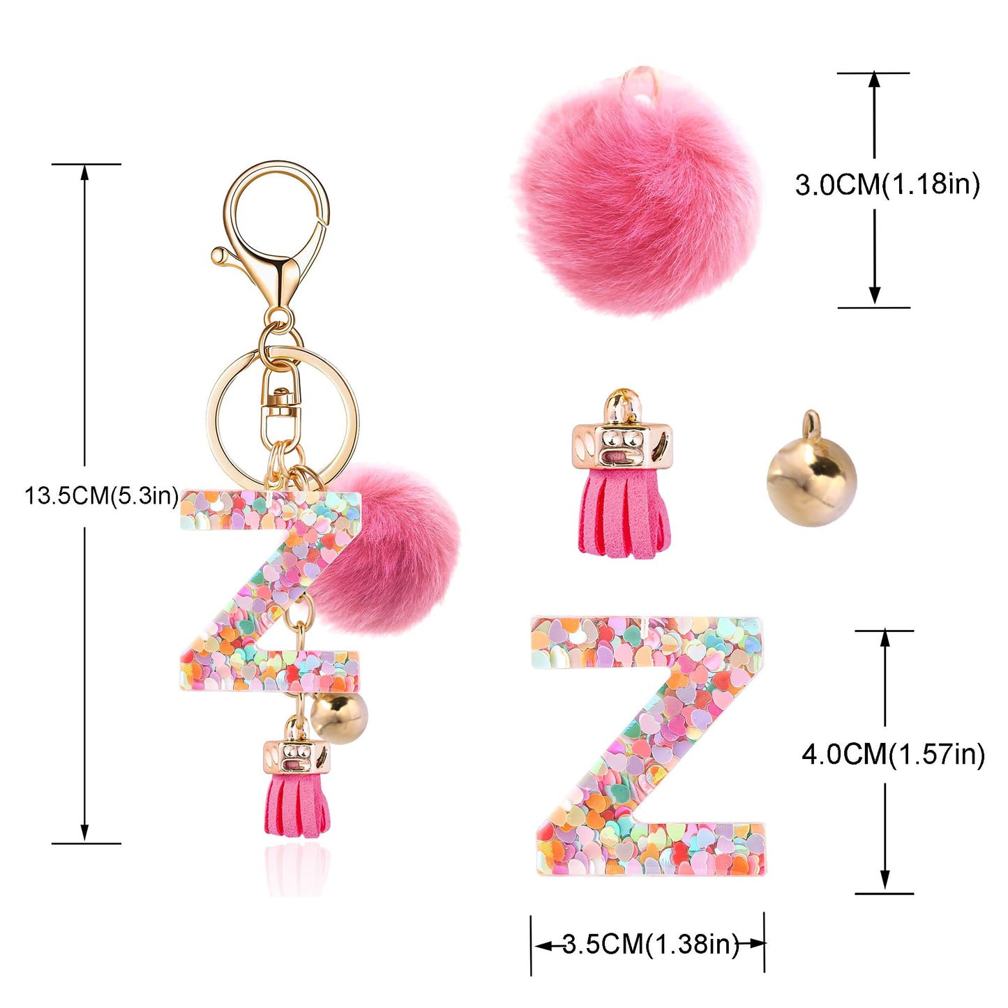 Resin Alphabet Initial Letter Keychain Keyring for Women Purse Handbags With Fur Ball Pom