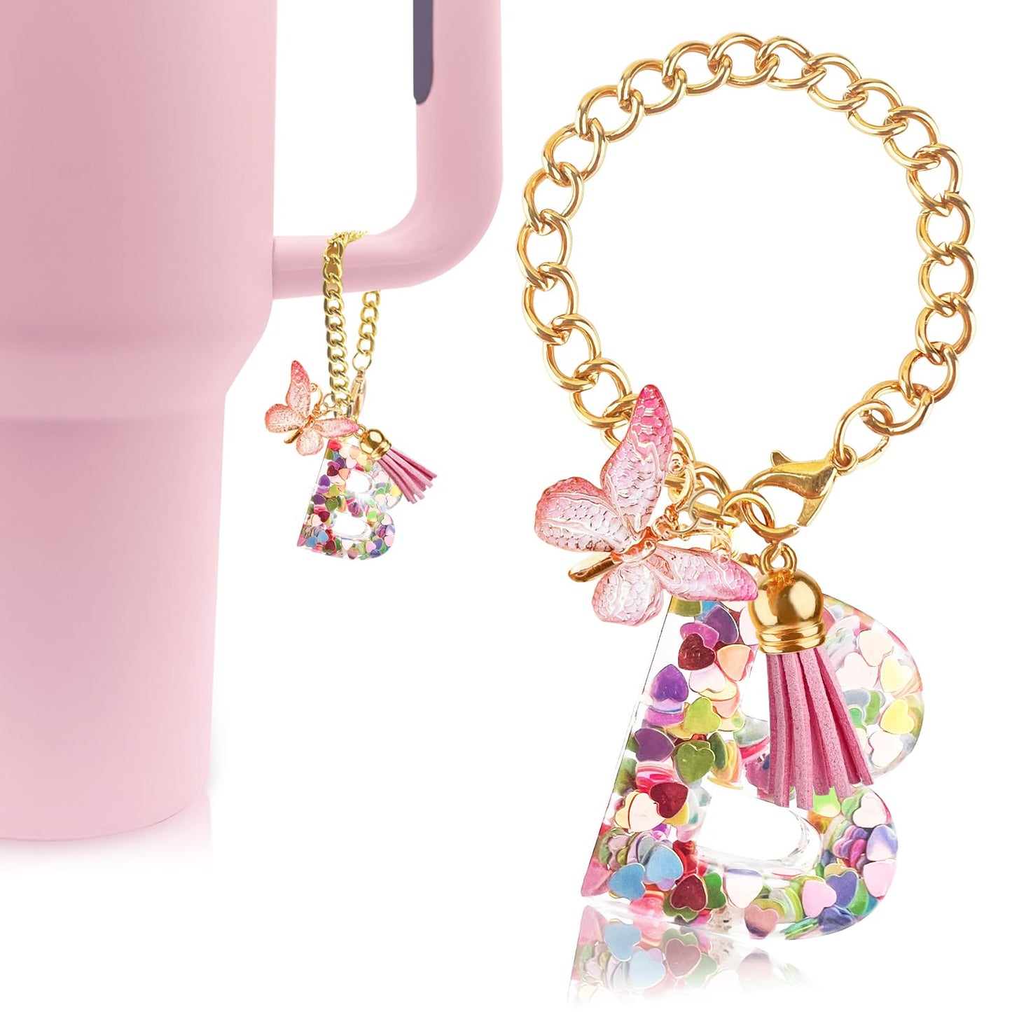 Letter Charm Accessories for Stanley Cup with Handle, Cute Initial Letter A Keychain Handle Charm with Butterfly for Stanley Tumbler for Women Girls
