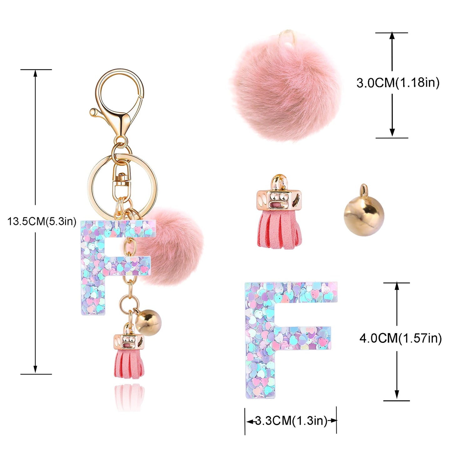 Resin Alphabet Initial Letter Keychain Keyring for Women Purse Handbags With Fur Ball Pom
