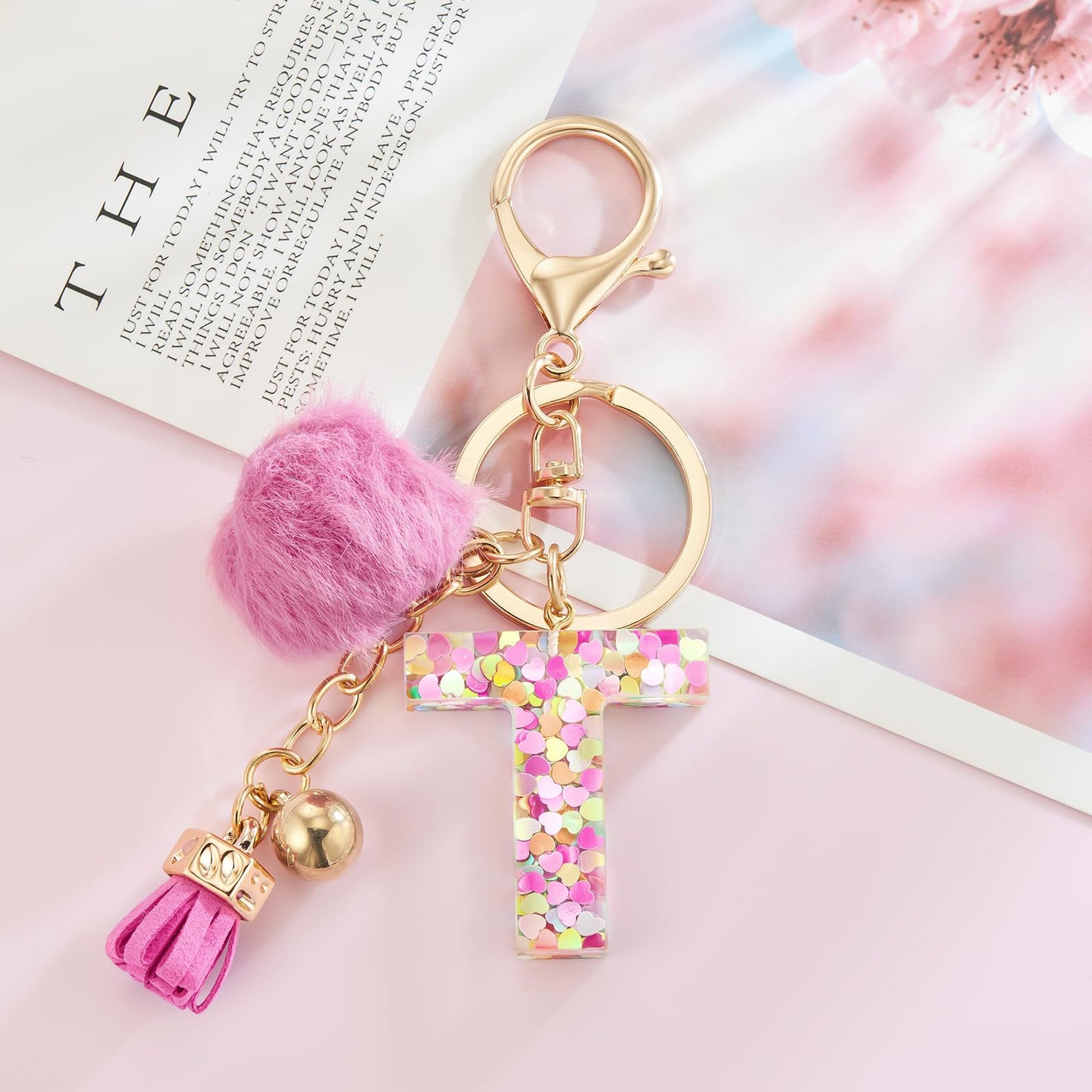 Resin Alphabet Initial Letter Keychain Keyring for Women Purse Handbags With Fur Ball Pom