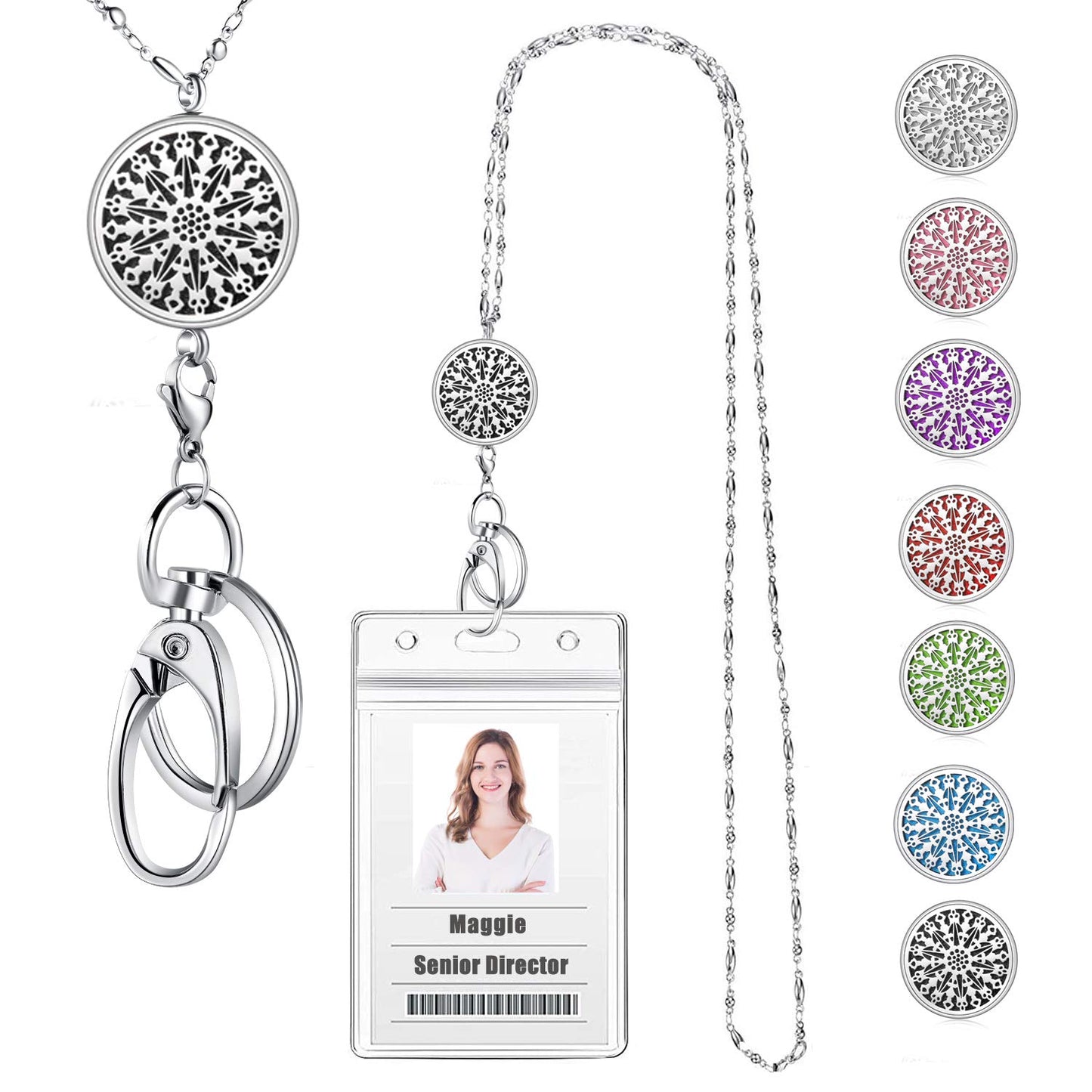 Lanyards for ID Badges Keys Women Cute Teacher Lanyard ID Holder Necklace Silver Chain Fashion Strong Keychain Diffuser Office School Work Jewelry Nurse Teacher Appreciation Gifts Mandala