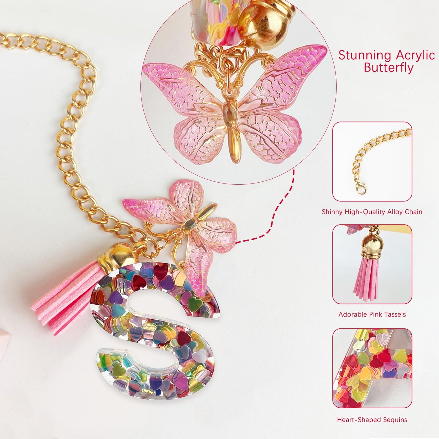 Letter Charm Accessories for Stanley Cup with Handle, Cute Initial Letter A Keychain Handle Charm with Butterfly for Stanley Tumbler for Women Girls