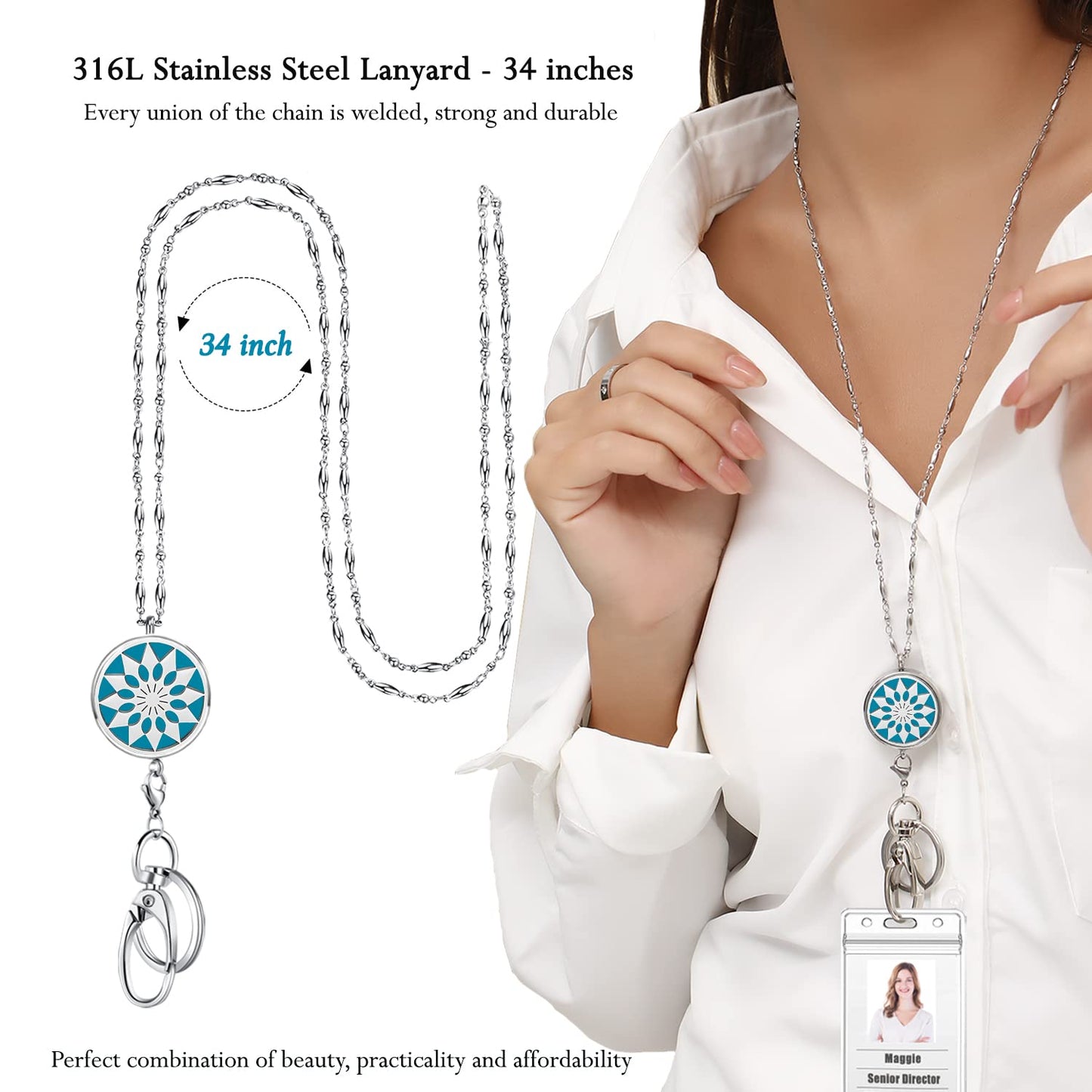 Lanyards for ID Badges Keys Women Cute Teacher Lanyard ID Holder Necklace Silver Chain Fashion Strong Keychain Diffuser Office School Work Jewelry Nurse Teacher Appreciation Gifts Mandala
