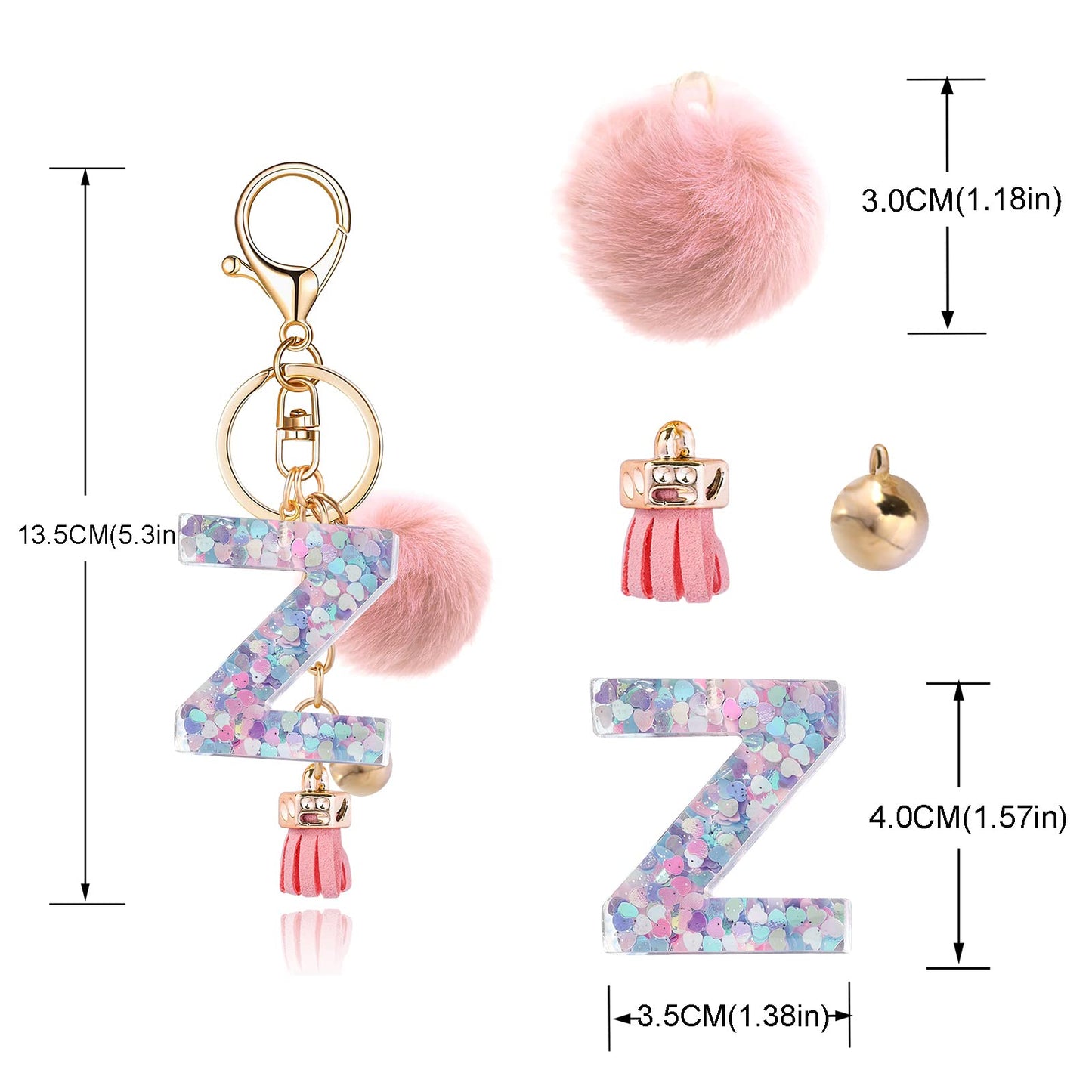 Resin Alphabet Initial Letter Keychain Keyring for Women Purse Handbags With Fur Ball Pom