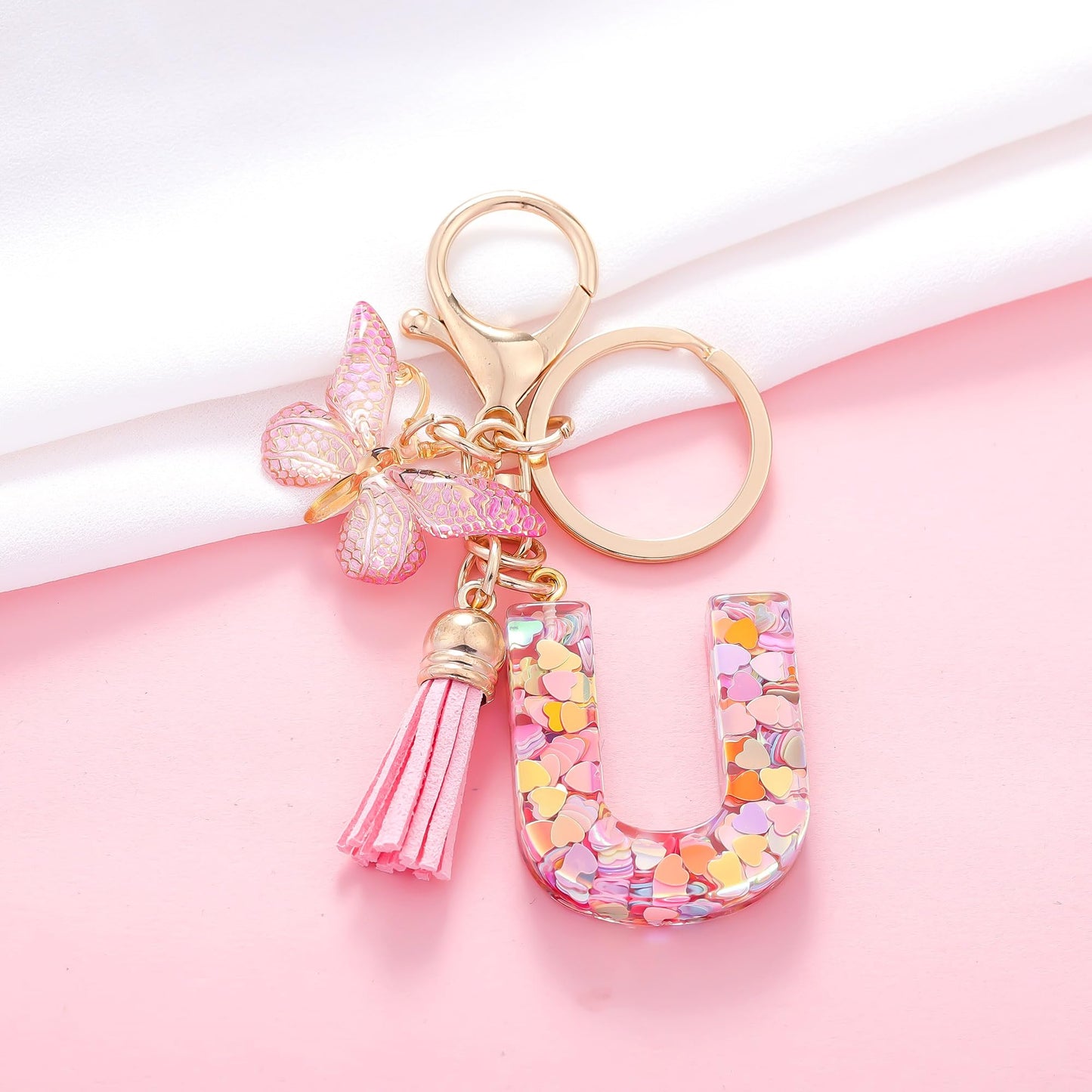 Fashion Alphabet Initial Letter Keychain Tassel Butterfly Pendant Key Ring for Purse Handbags Women Girl