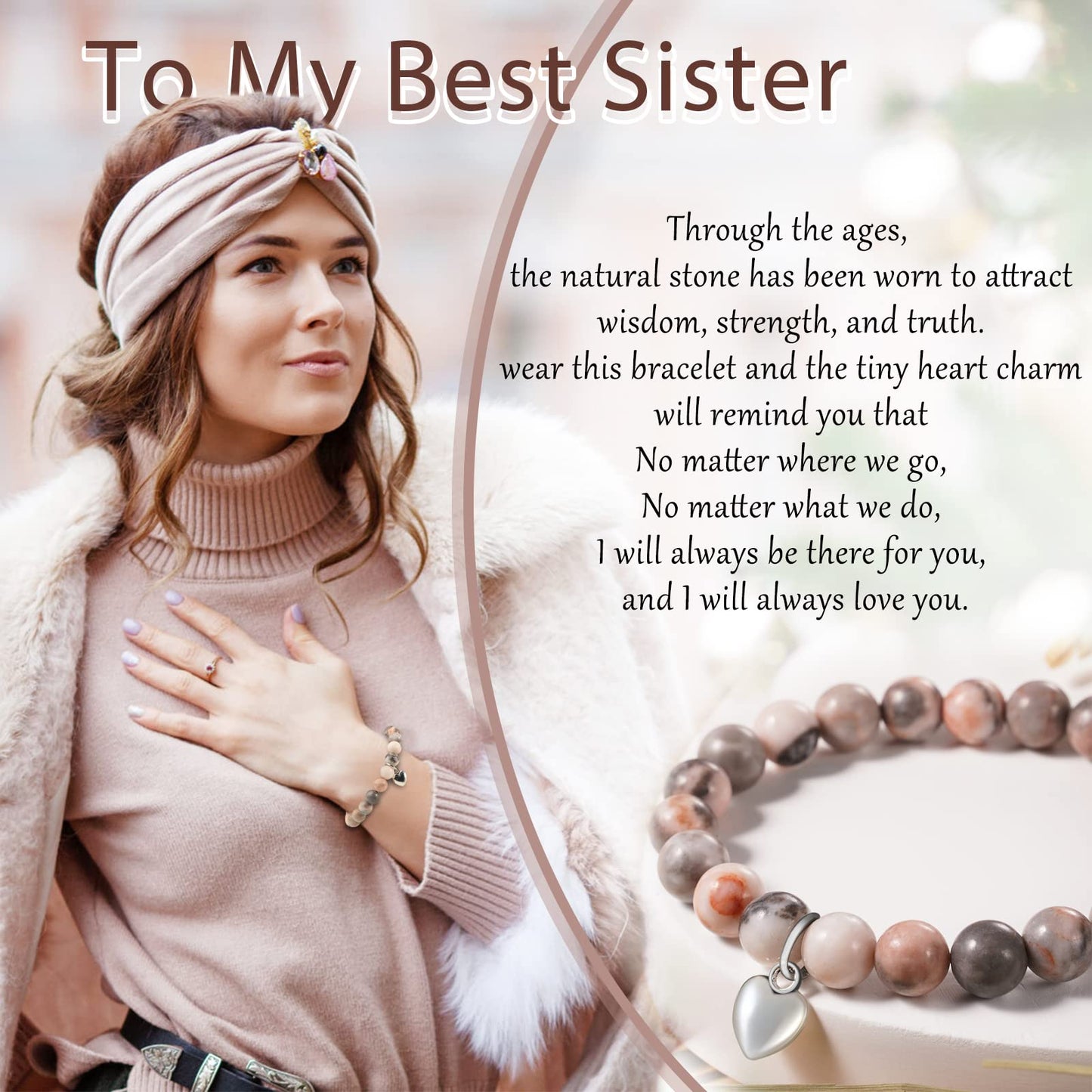 Jewelry&Card Christmas Gifts for Sister Best Friend, Natural Stone Heart Friendship Bracelets for Sister Best Friend Bestie Women