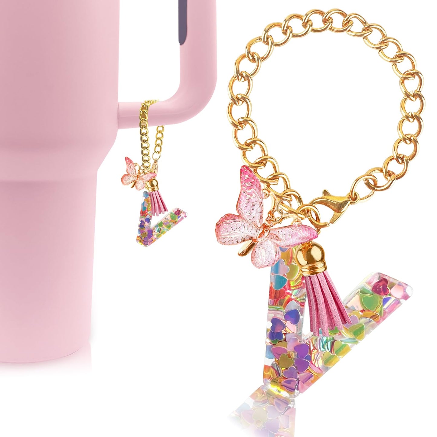 Letter Charm Accessories for Stanley Cup with Handle, Cute Initial Letter A Keychain Handle Charm with Butterfly for Stanley Tumbler for Women Girls