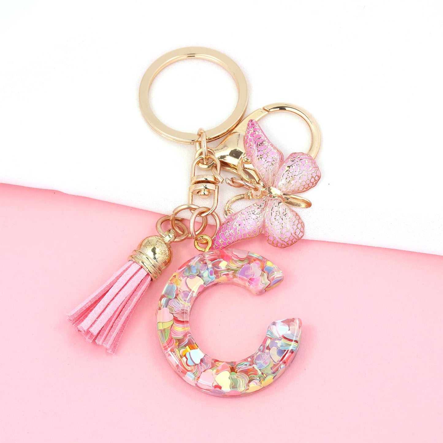Fashion Alphabet Initial Letter Keychain Tassel Butterfly Pendant Key Ring for Purse Handbags Women Girl