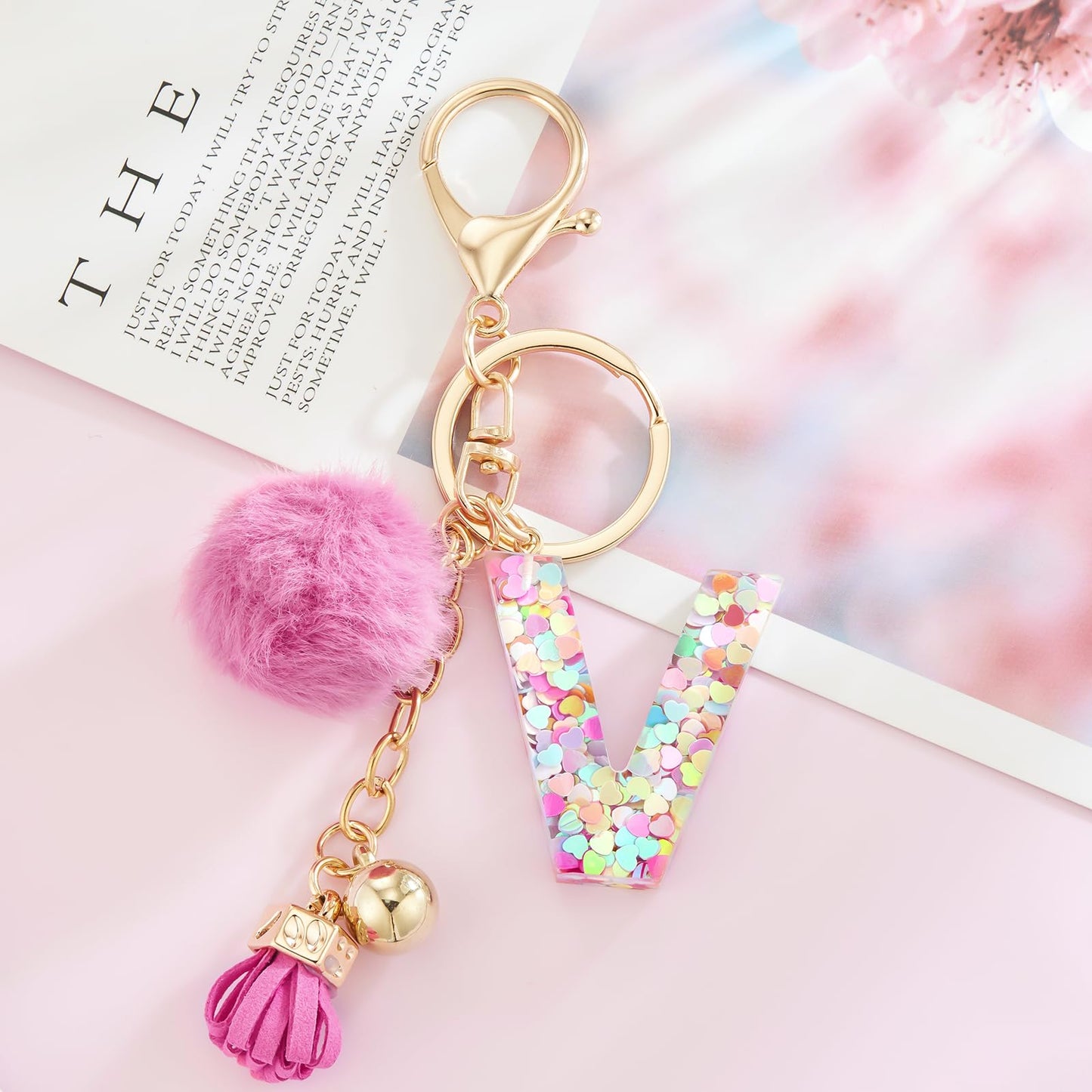 Resin Alphabet Initial Letter Keychain Keyring for Women Purse Handbags With Fur Ball Pom