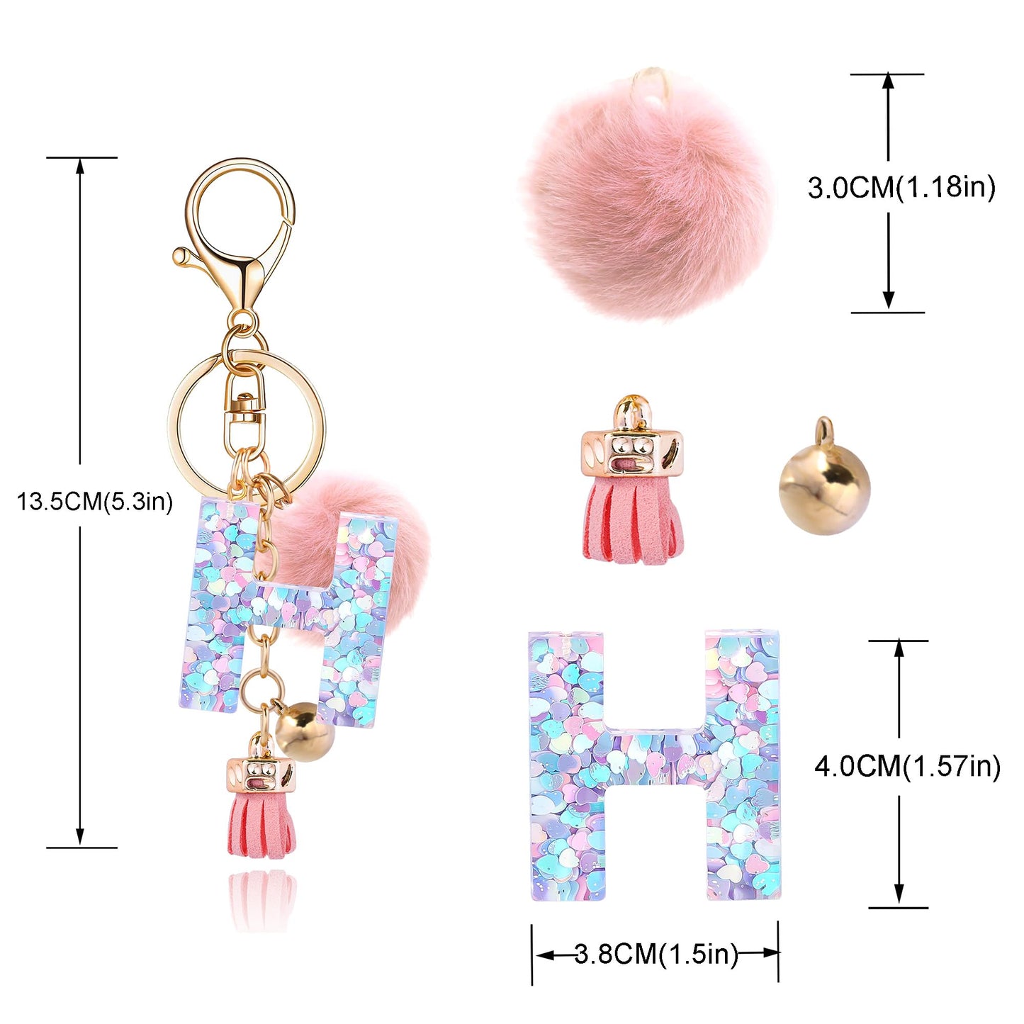 Resin Alphabet Initial Letter Keychain Keyring for Women Purse Handbags With Fur Ball Pom