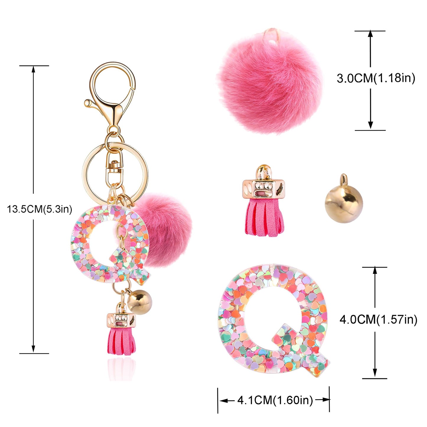 Resin Alphabet Initial Letter Keychain Keyring for Women Purse Handbags With Fur Ball Pom