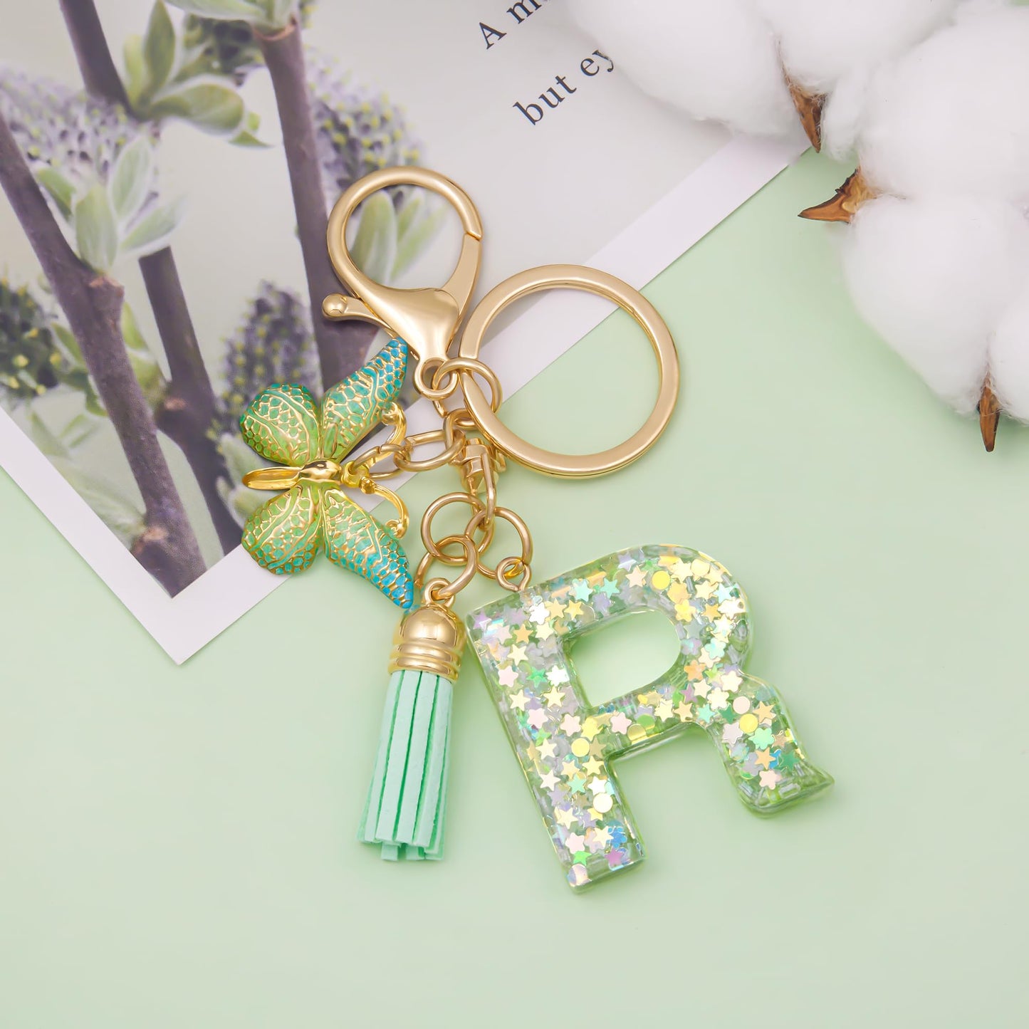 Fashion Alphabet Initial Letter Keychain Tassel Butterfly Pendant Key Ring for Purse Handbags Women Girl