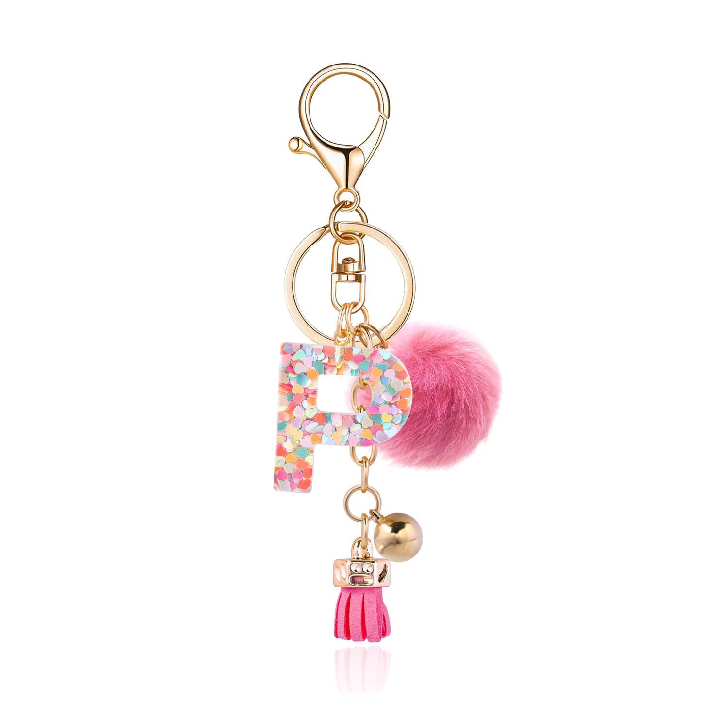 Resin Alphabet Initial Letter Keychain Keyring for Women Purse Handbags With Fur Ball Pom