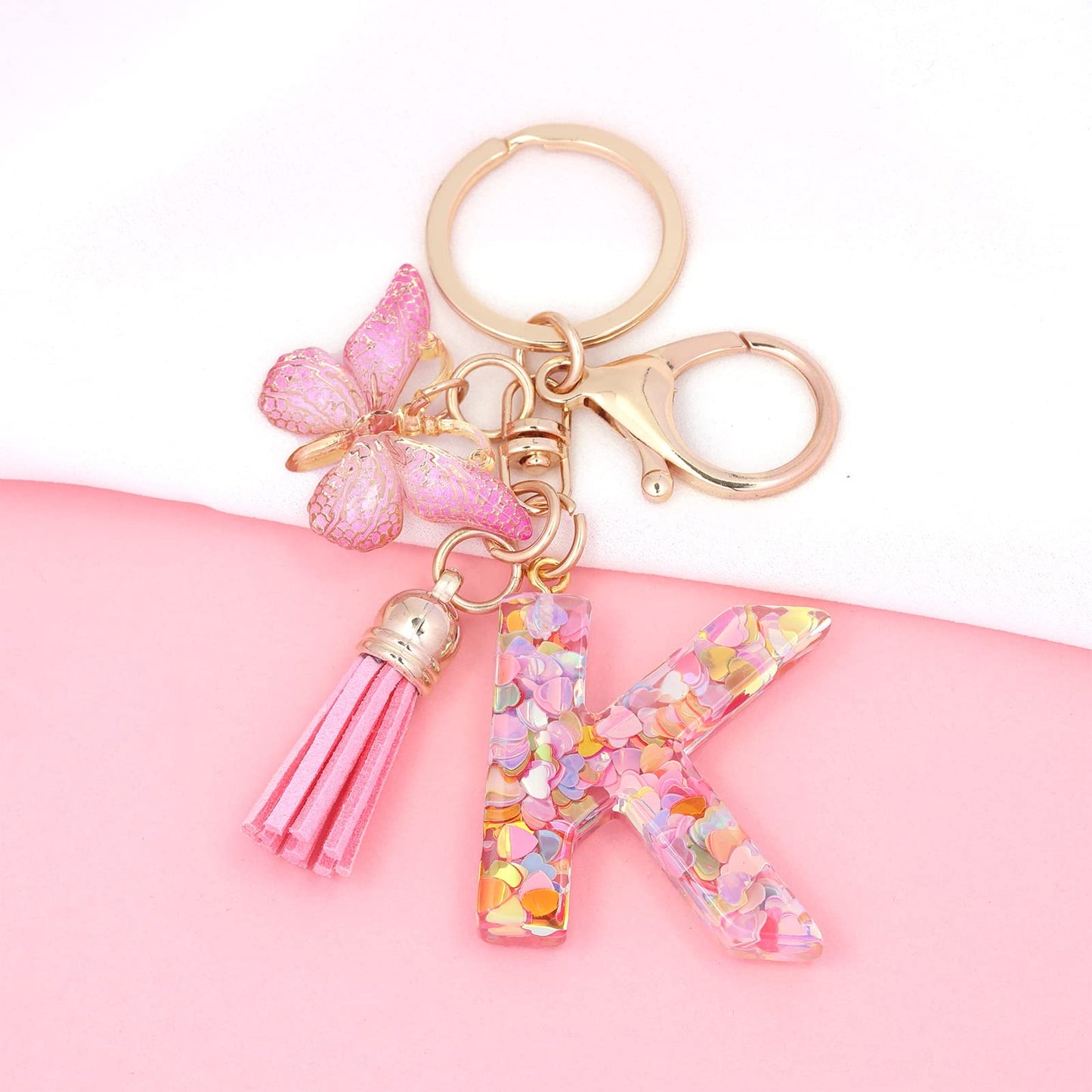 Fashion Alphabet Initial Letter Keychain Tassel Butterfly Pendant Key Ring for Purse Handbags Women Girl