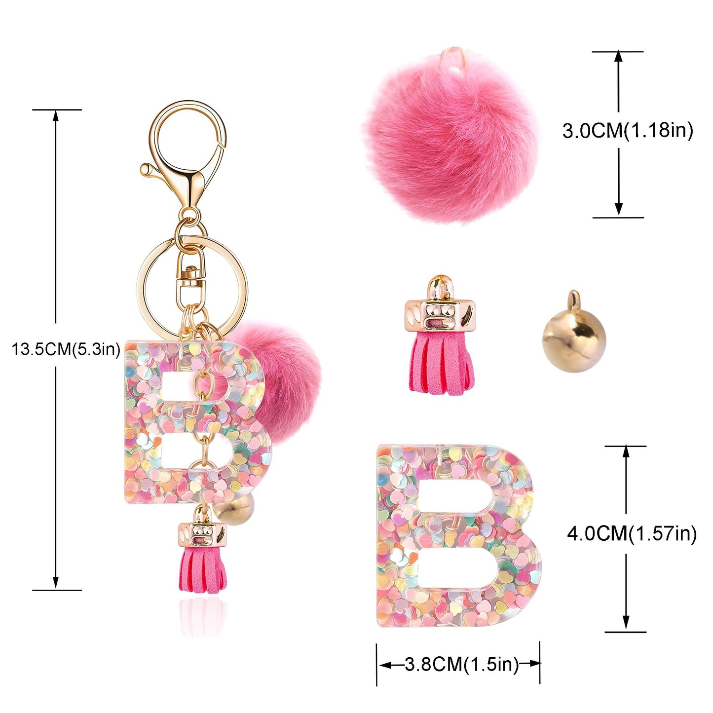 Resin Alphabet Initial Letter Keychain Keyring for Women Purse Handbags With Fur Ball Pom