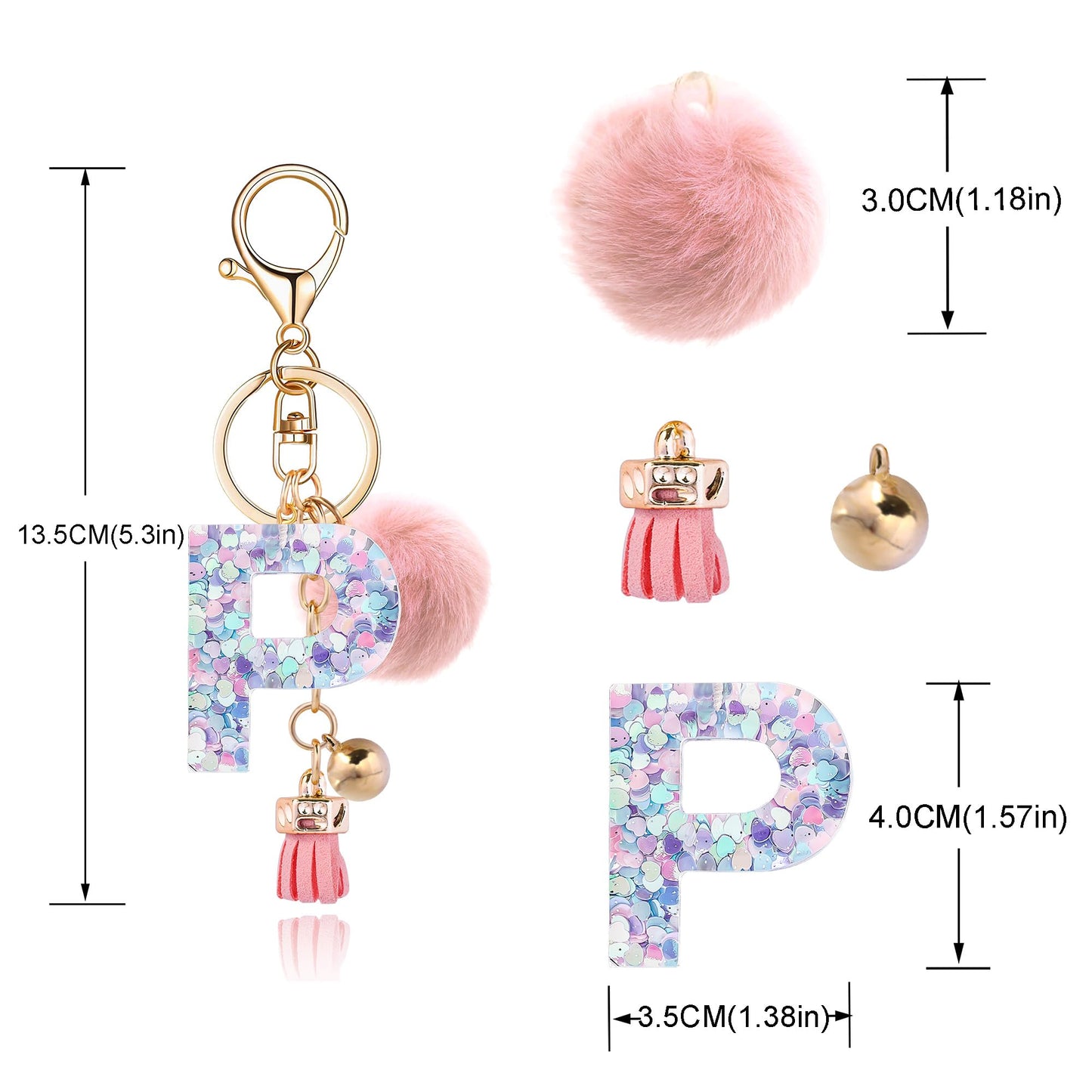 Resin Alphabet Initial Letter Keychain Keyring for Women Purse Handbags With Fur Ball Pom