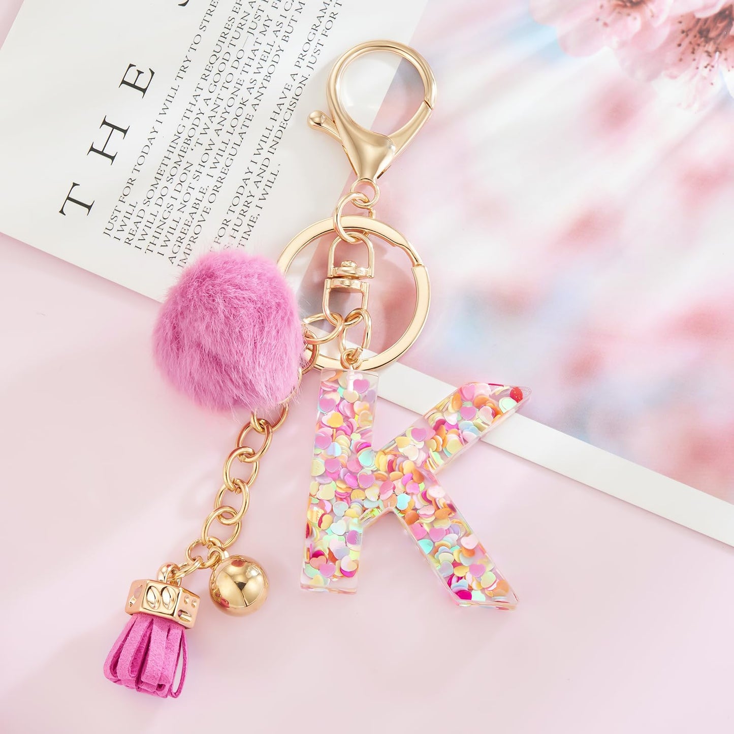 Resin Alphabet Initial Letter Keychain Keyring for Women Purse Handbags With Fur Ball Pom