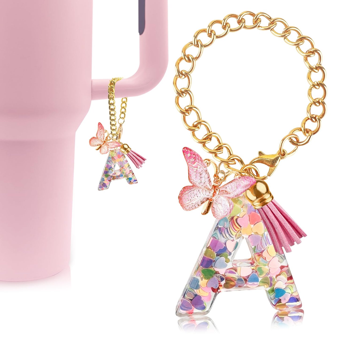 Letter Charm Accessories for Stanley Cup with Handle, Cute Initial Letter A Keychain Handle Charm with Butterfly for Stanley Tumbler for Women Girls