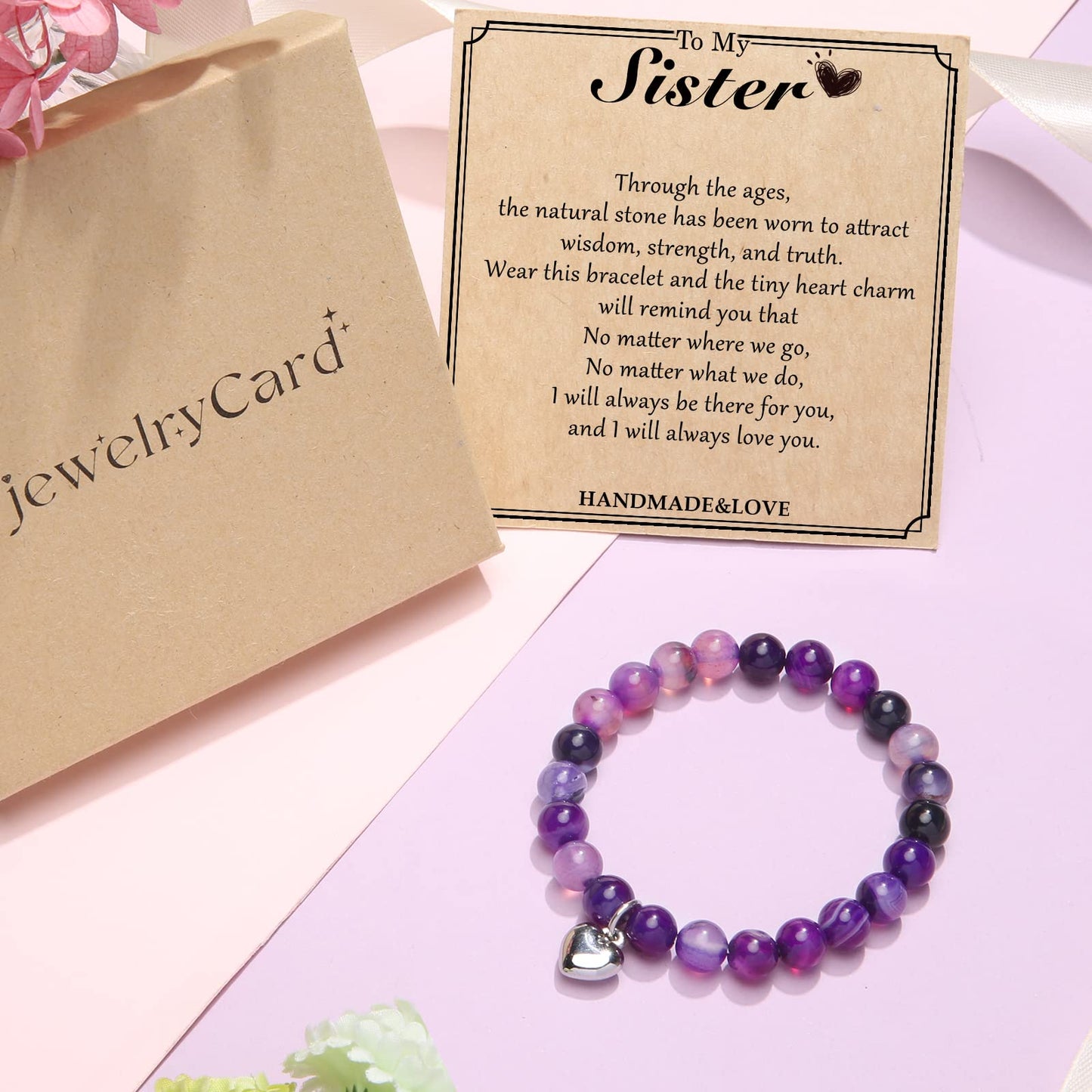 Jewelry&Card Christmas Gifts for Sister Best Friend, Natural Stone Heart Friendship Bracelets for Sister Best Friend Bestie Women