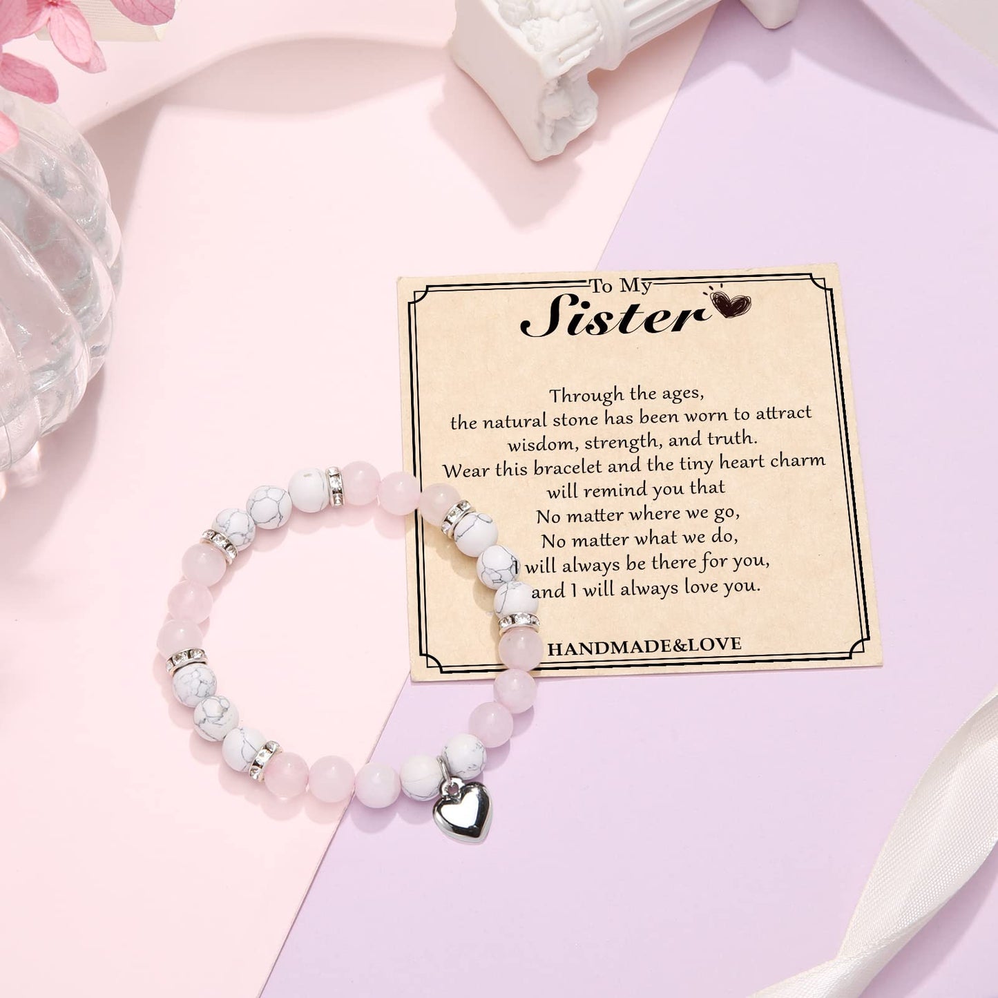 Jewelry&Card Christmas Gifts for Sister Best Friend, Natural Stone Heart Friendship Bracelets for Sister Best Friend Bestie Women