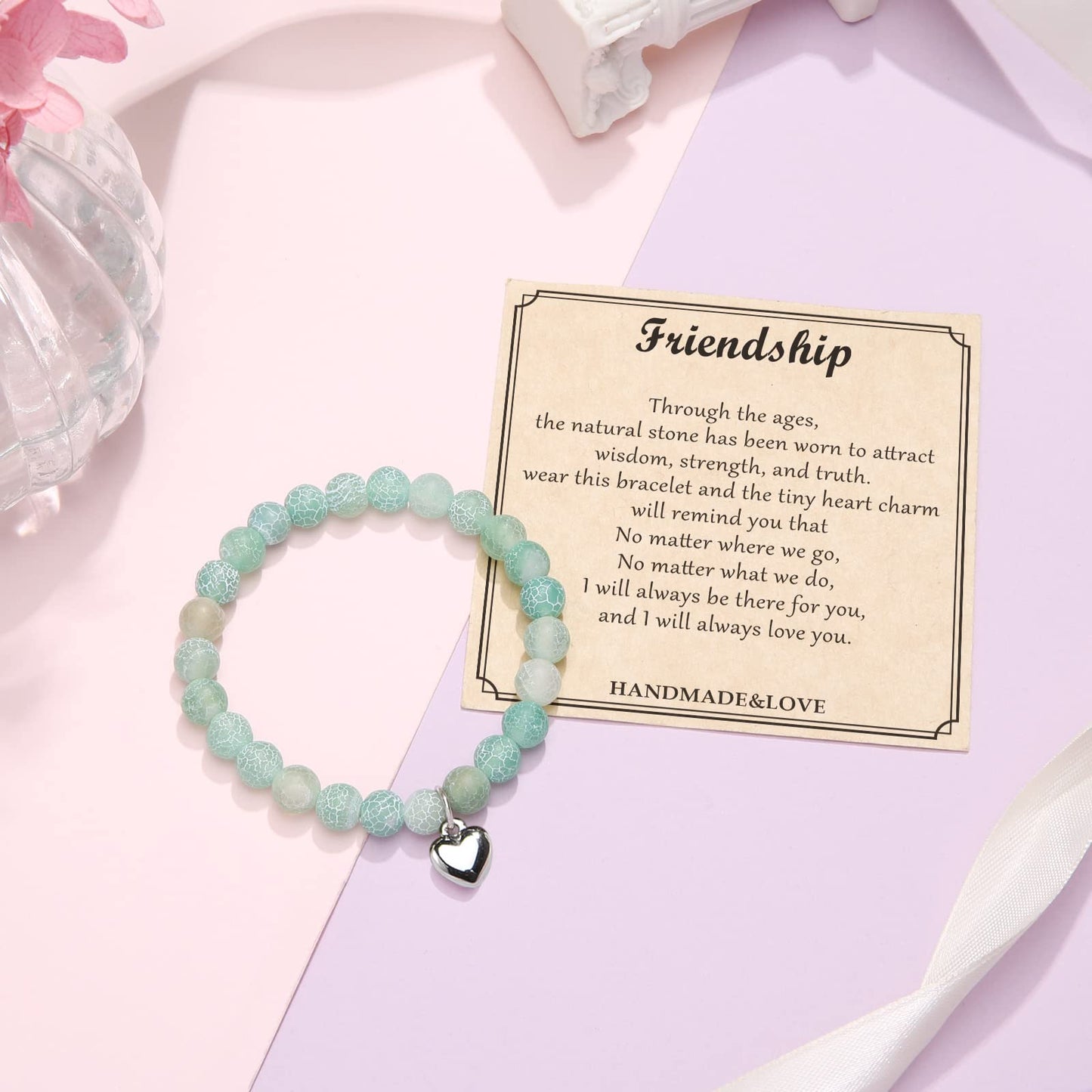 Jewelry&Card Christmas Gifts for Sister Best Friend, Natural Stone Heart Friendship Bracelets for Sister Best Friend Bestie Women