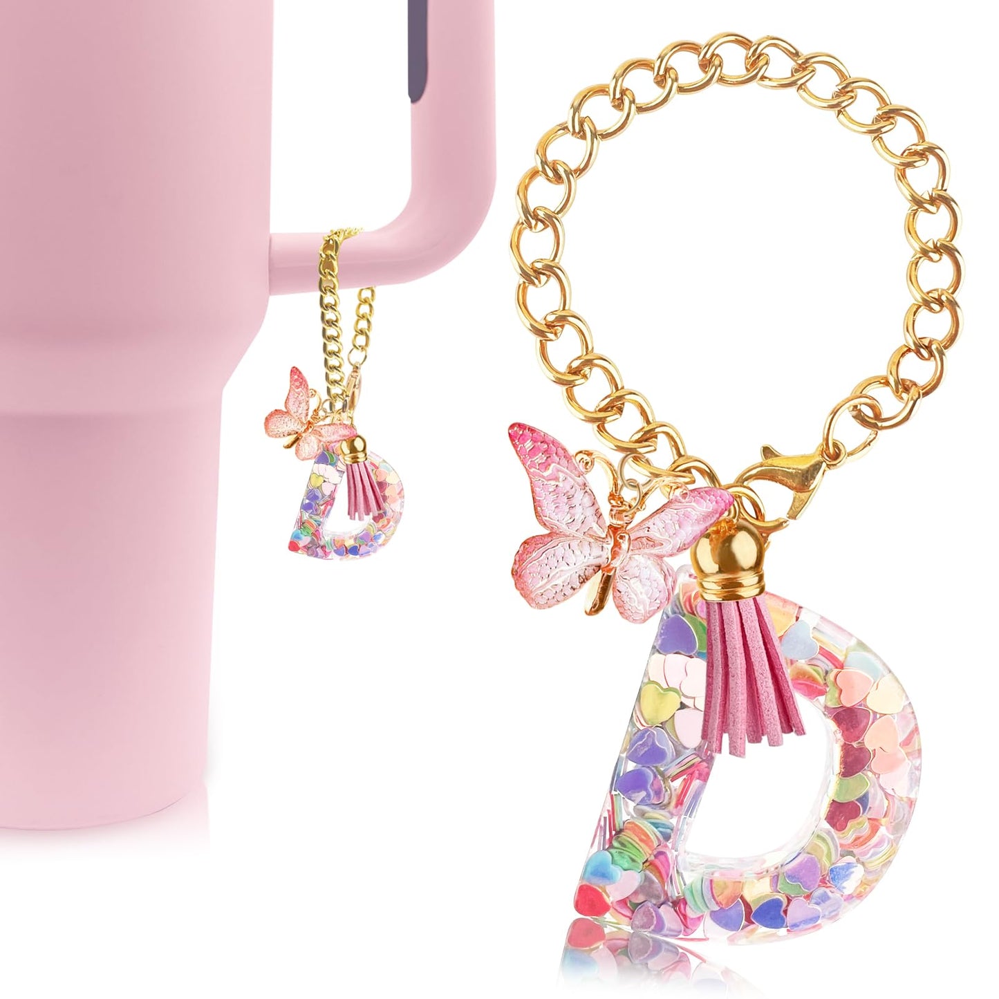 Letter Charm Accessories for Stanley Cup with Handle, Cute Initial Letter A Keychain Handle Charm with Butterfly for Stanley Tumbler for Women Girls