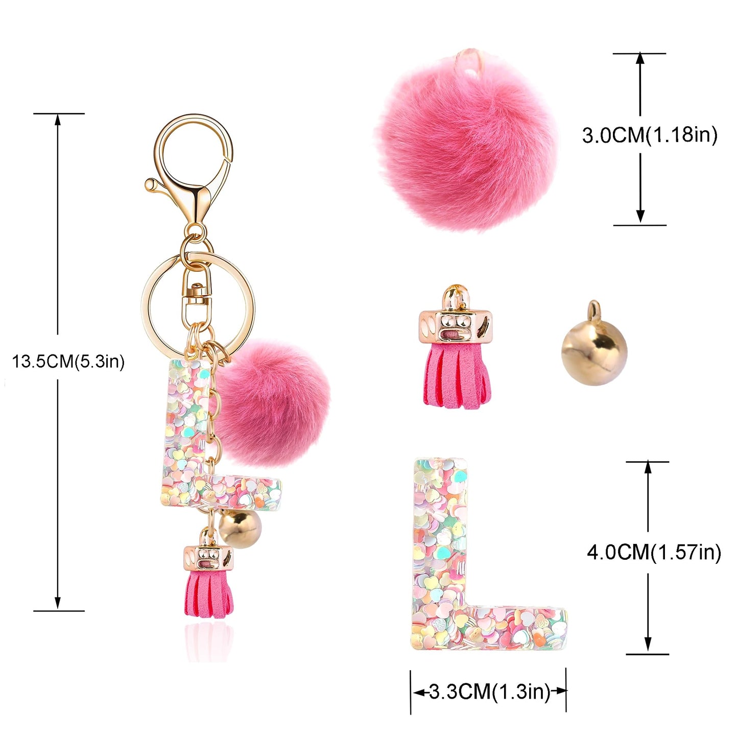 Resin Alphabet Initial Letter Keychain Keyring for Women Purse Handbags With Fur Ball Pom