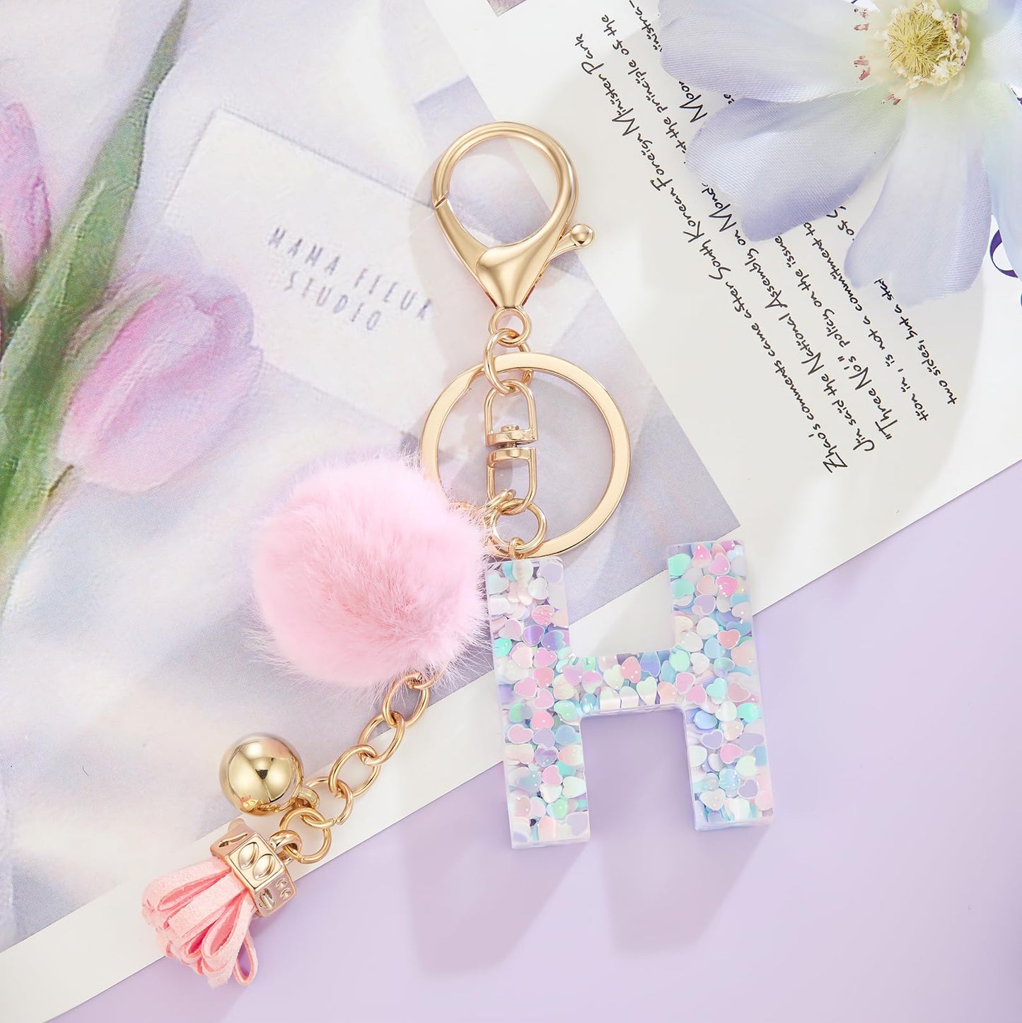 Resin Alphabet Initial Letter Keychain Keyring for Women Purse Handbags With Fur Ball Pom