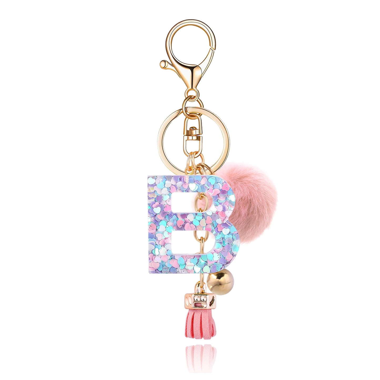 Resin Alphabet Initial Letter Keychain Keyring for Women Purse Handbags With Fur Ball Pom