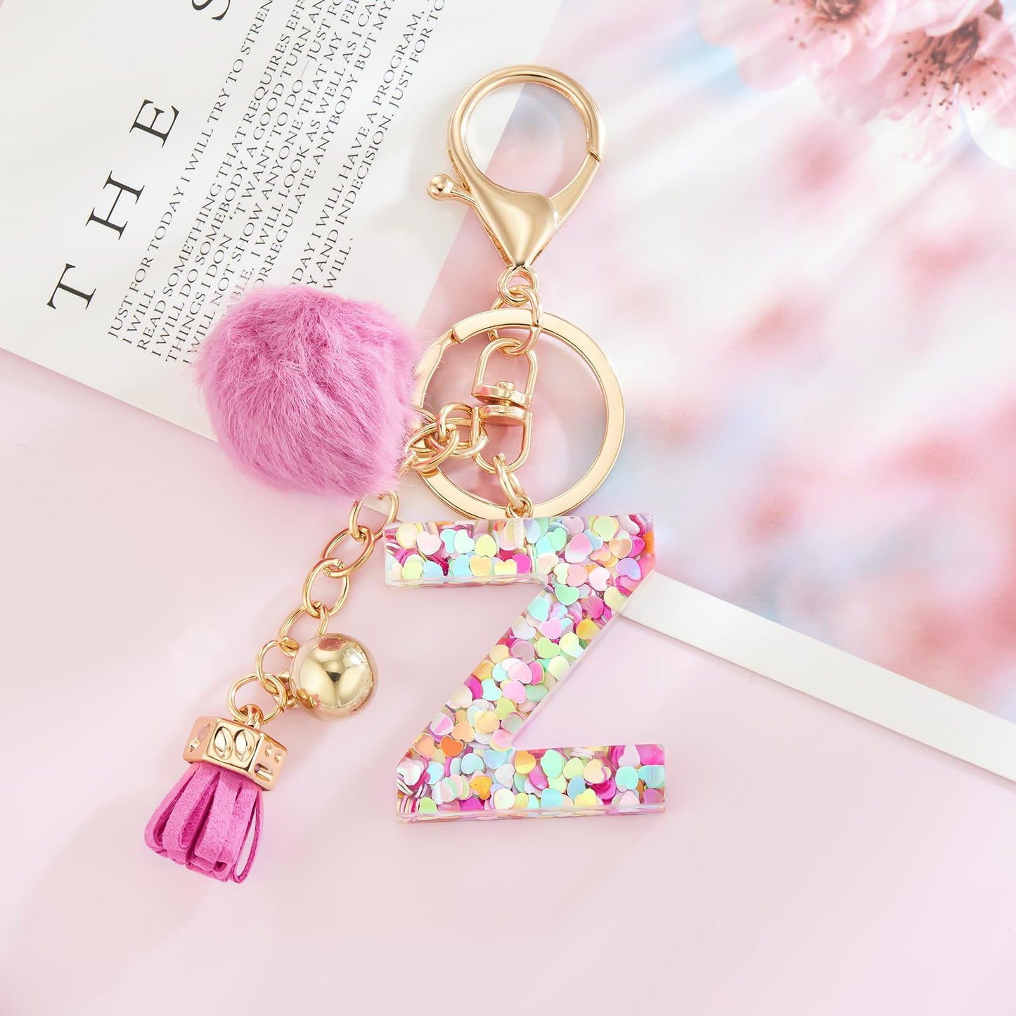 Resin Alphabet Initial Letter Keychain Keyring for Women Purse Handbags With Fur Ball Pom