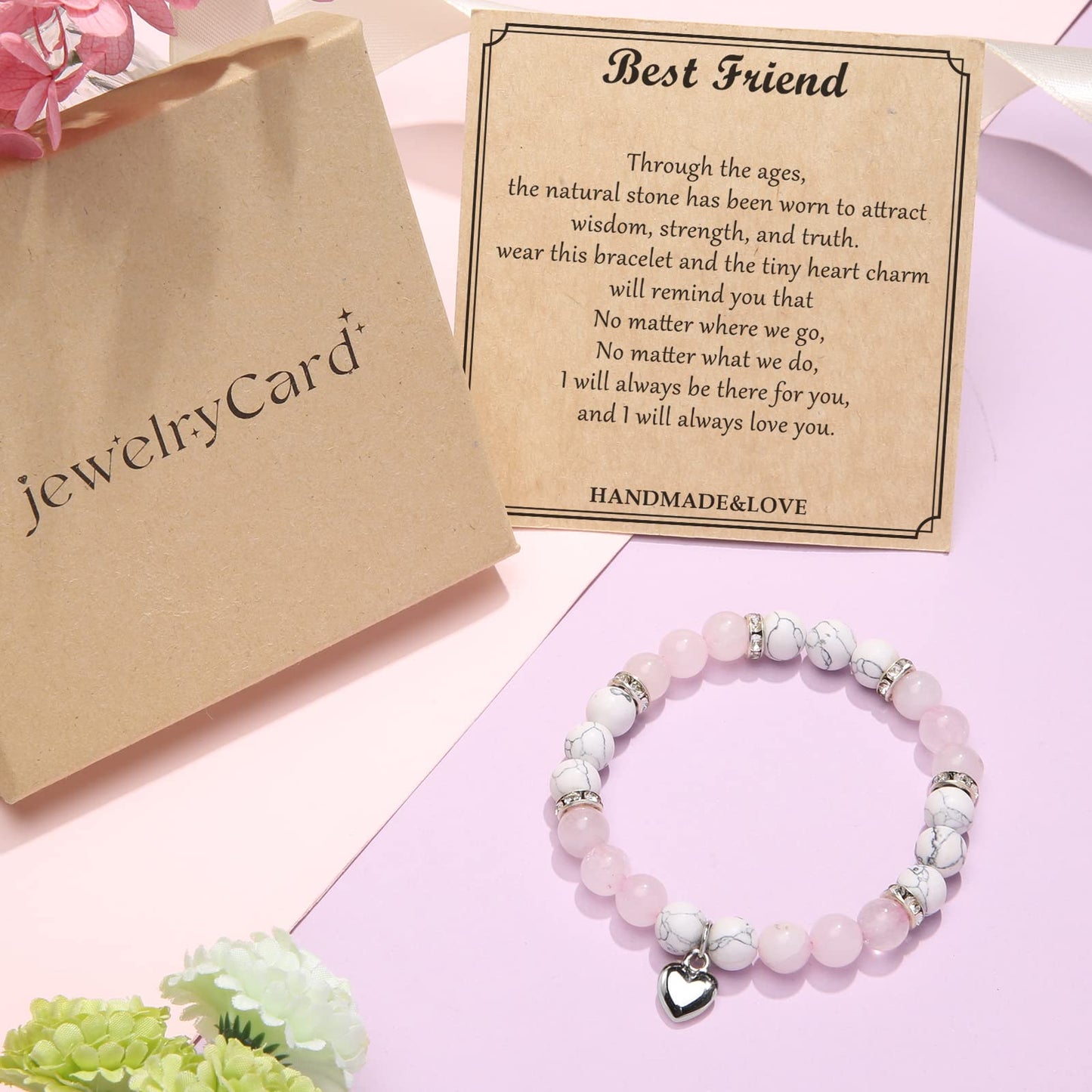 Jewelry&Card Christmas Gifts for Sister Best Friend, Natural Stone Heart Friendship Bracelets for Sister Best Friend Bestie Women