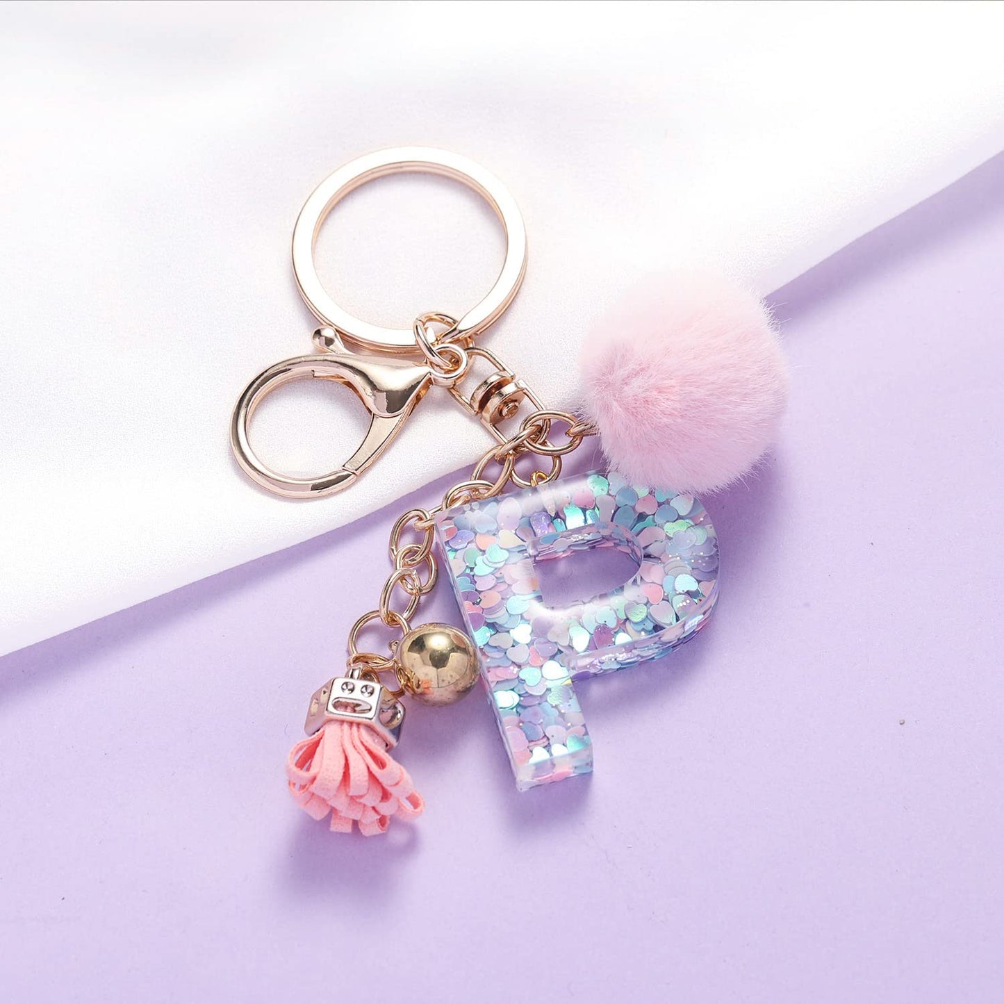 Resin Alphabet Initial Letter Keychain Keyring for Women Purse Handbags With Fur Ball Pom